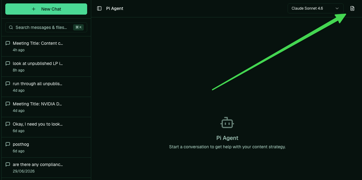 The Pi Agent screen with an arrow pointing to the files icon in the top-right corner.