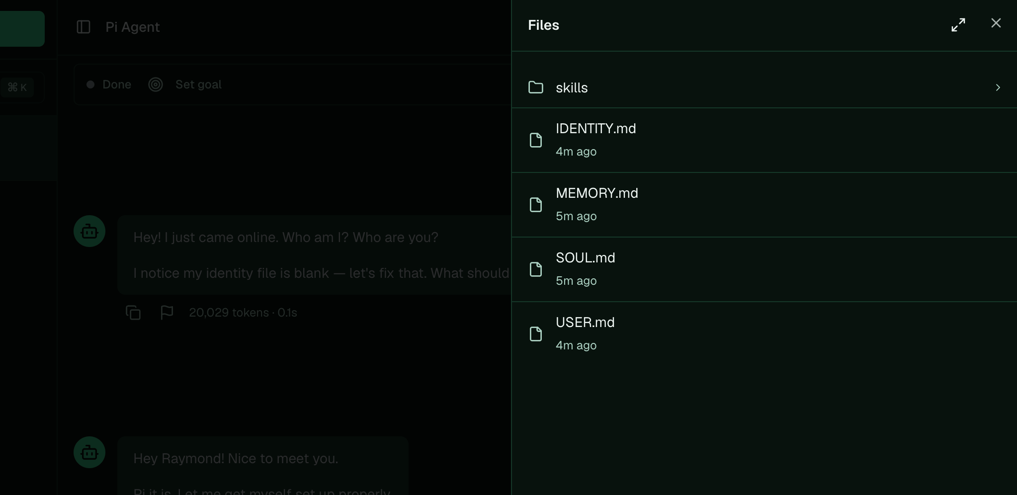 The Files panel showing IDENTITY.md, MEMORY.md, SOUL.md, and USER.md at the top level.