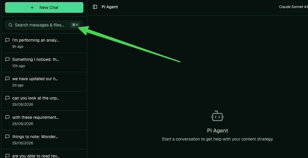 The left sidebar with an arrow pointing to the search box labelled Search messages and files.