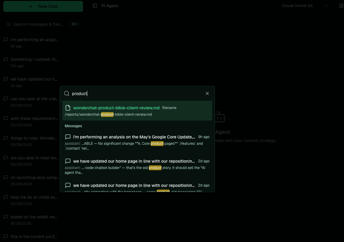The search panel open with a query, showing a matching file name and message results.