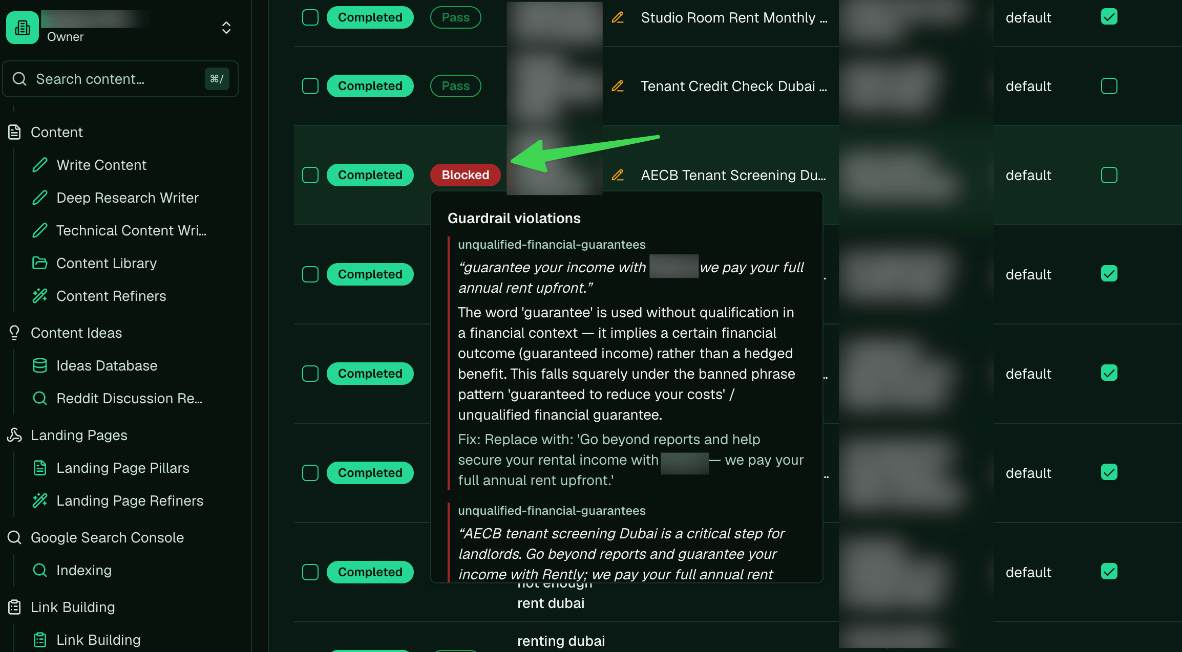 A content list with per-item Pass and Blocked guardrail badges, and a violations popover showing the flagged excerpt and a suggested fix.