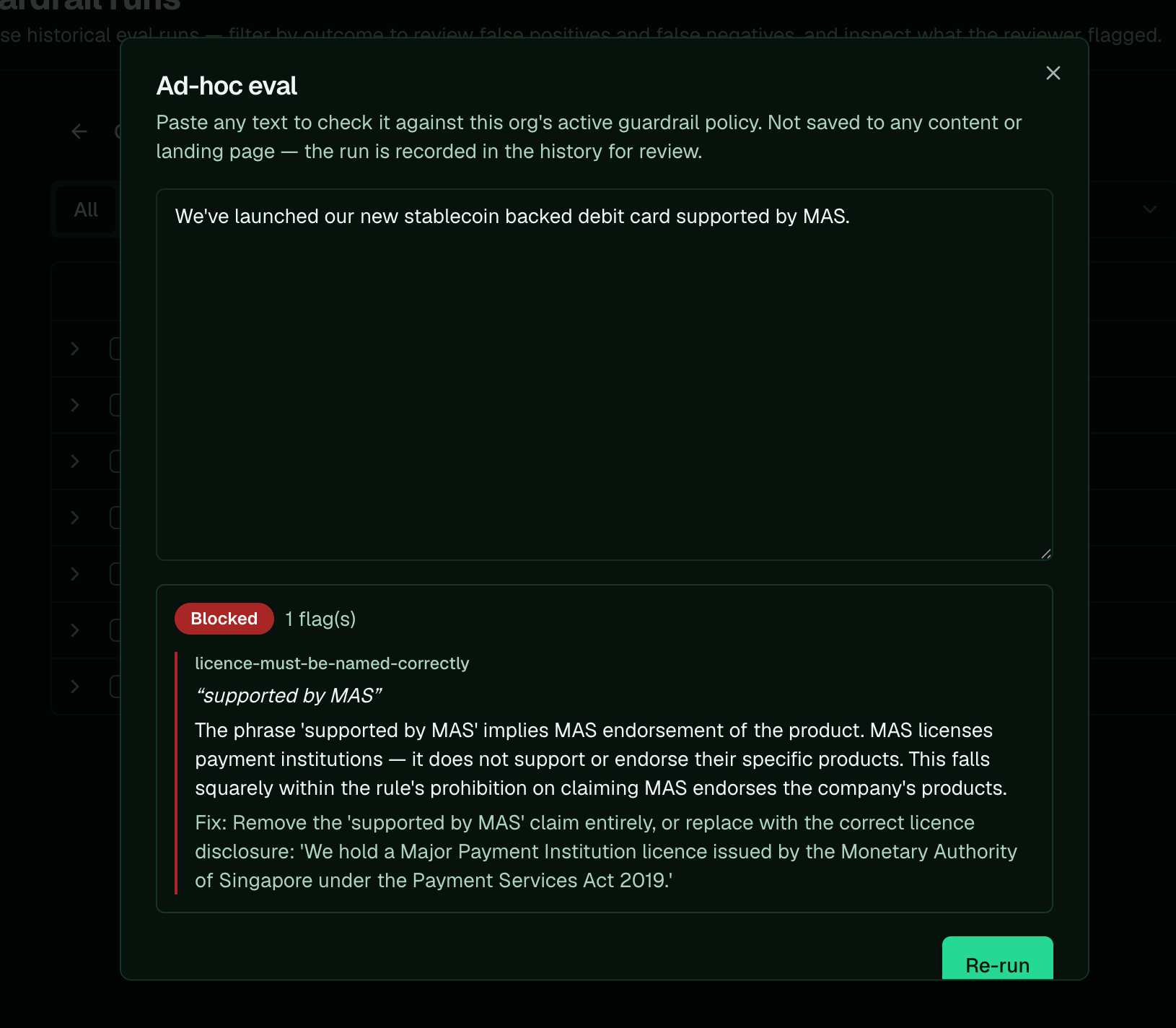The Ad-hoc eval modal showing a Blocked result with one flag: 'supported by MAS' implies endorsement, plus a suggested fix.