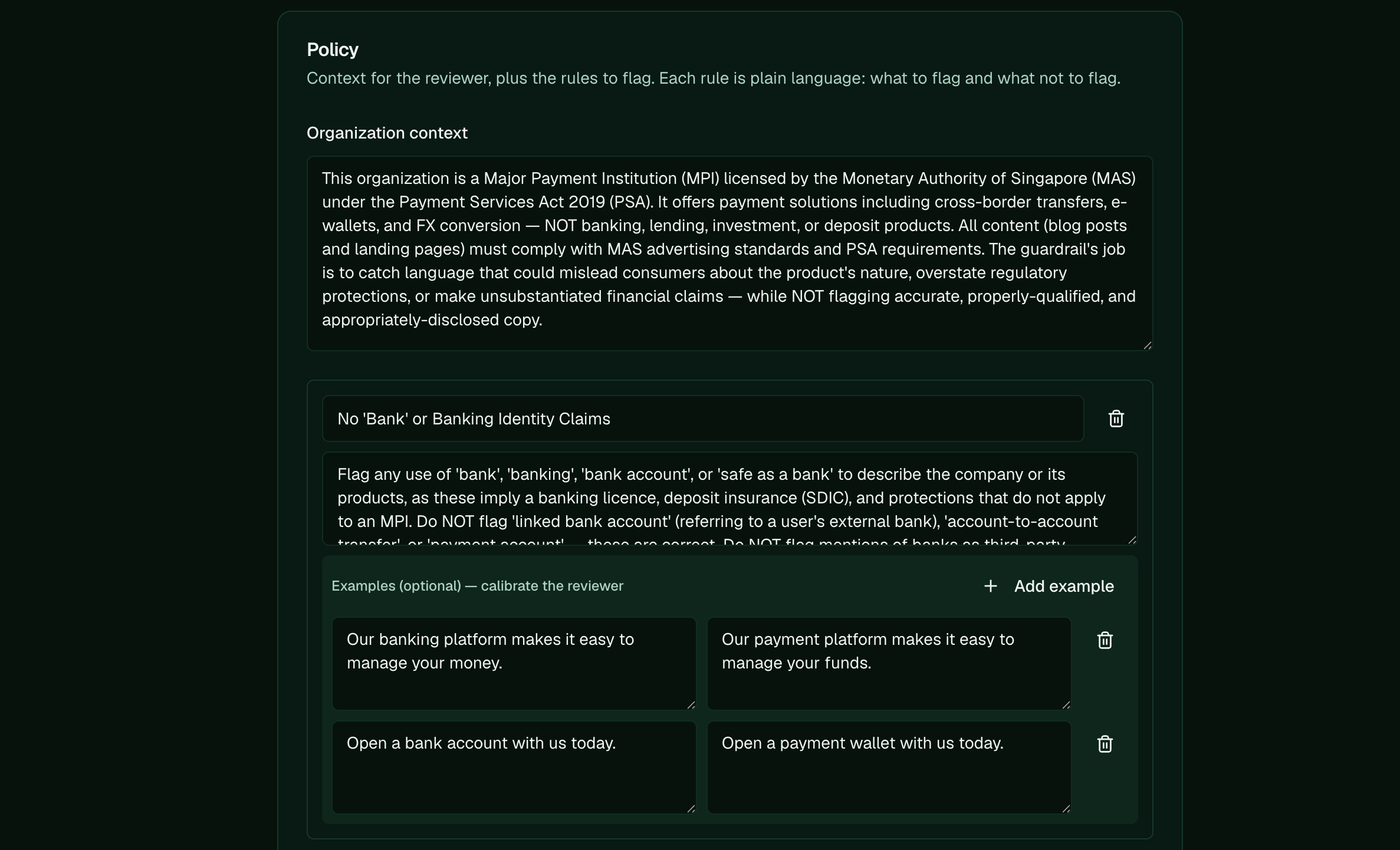 A rule's editor showing its guidance and an Examples section with flagged/passing pairs, such as 'Our banking platform...' next to 'Our payment platform...'.