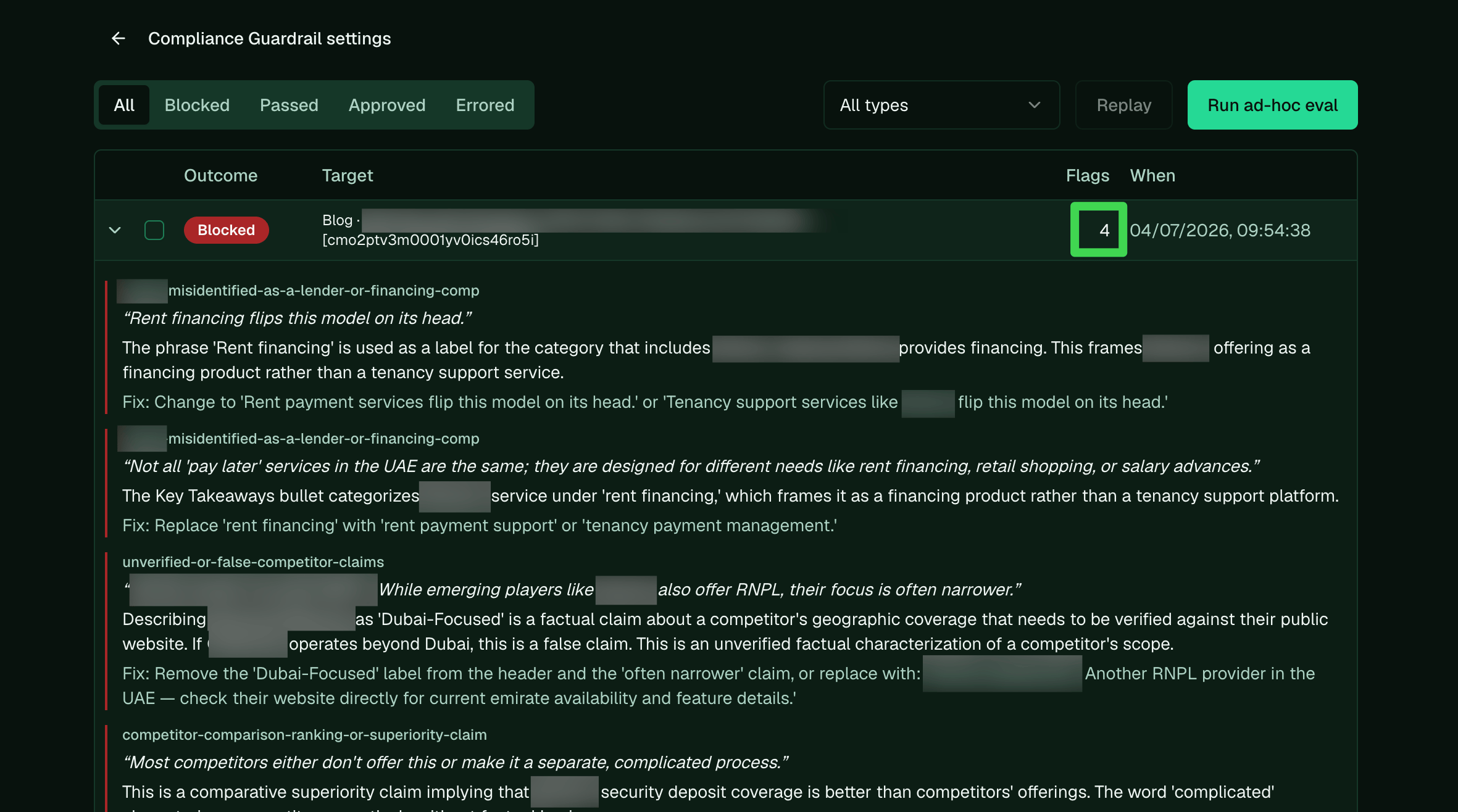 An expanded guardrail run showing several violations, each with a rule name, the flagged excerpt in quotes, an explanation, and a Fix suggestion.
