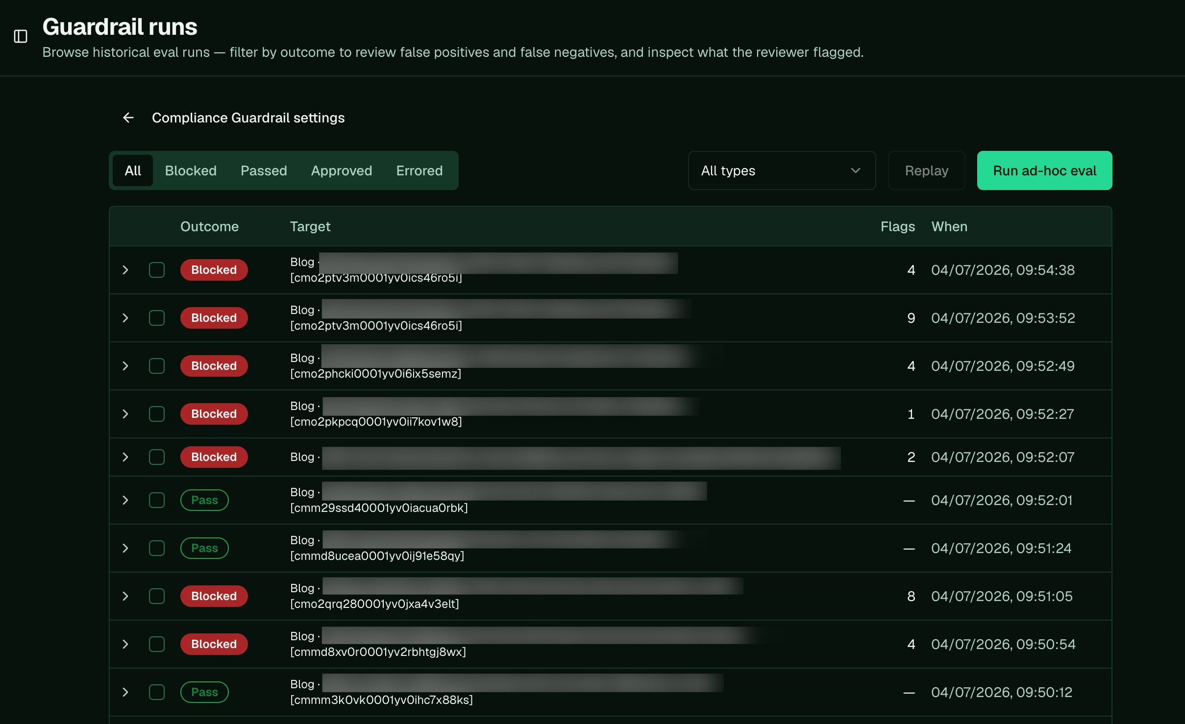 The guardrail runs history, with outcome filters and rows showing Blocked or Pass, the target, and the number of flags.