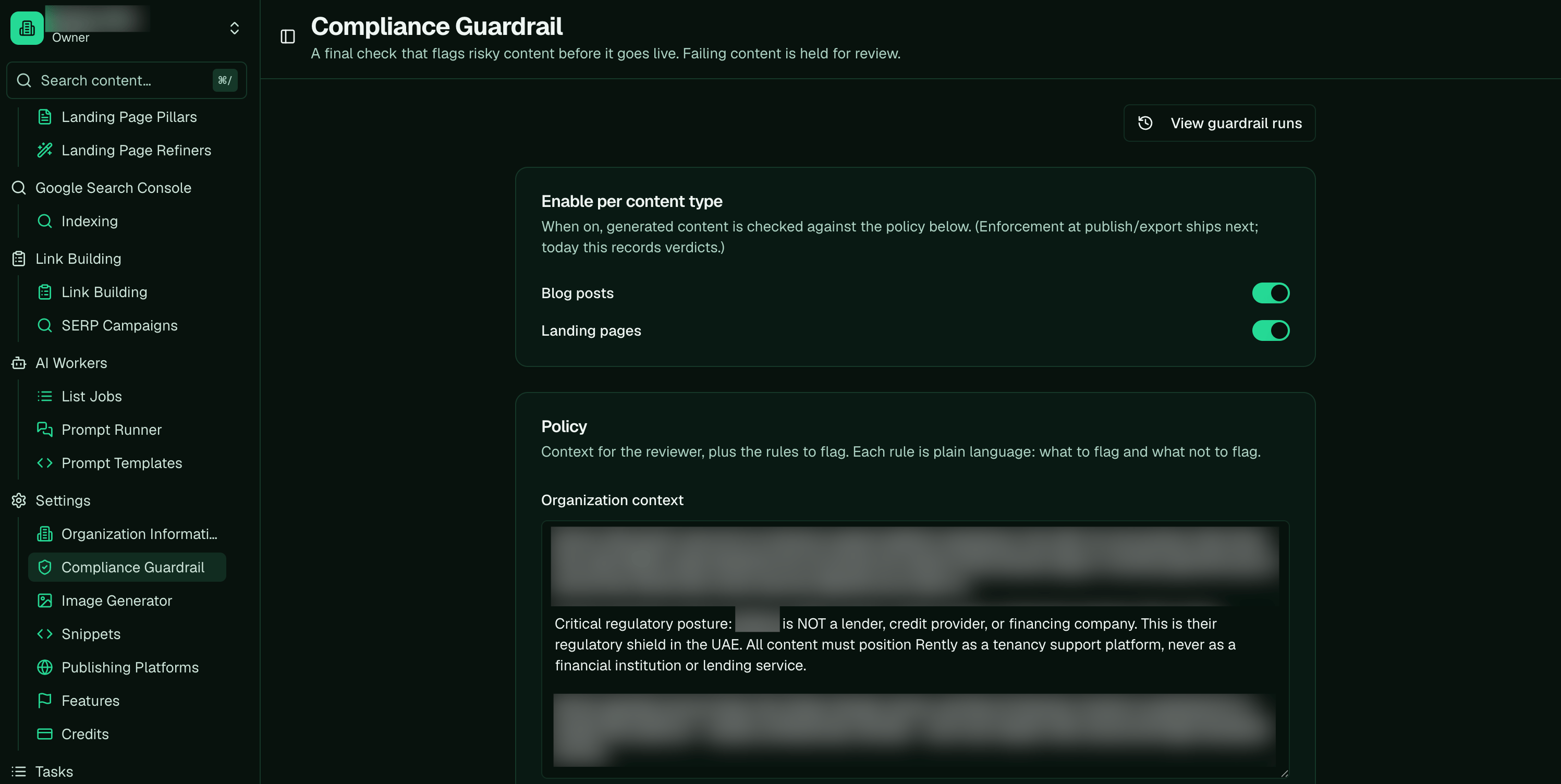 The Compliance Guardrail settings page, with per-content-type toggles for blog posts and landing pages, and a policy section with organization context.