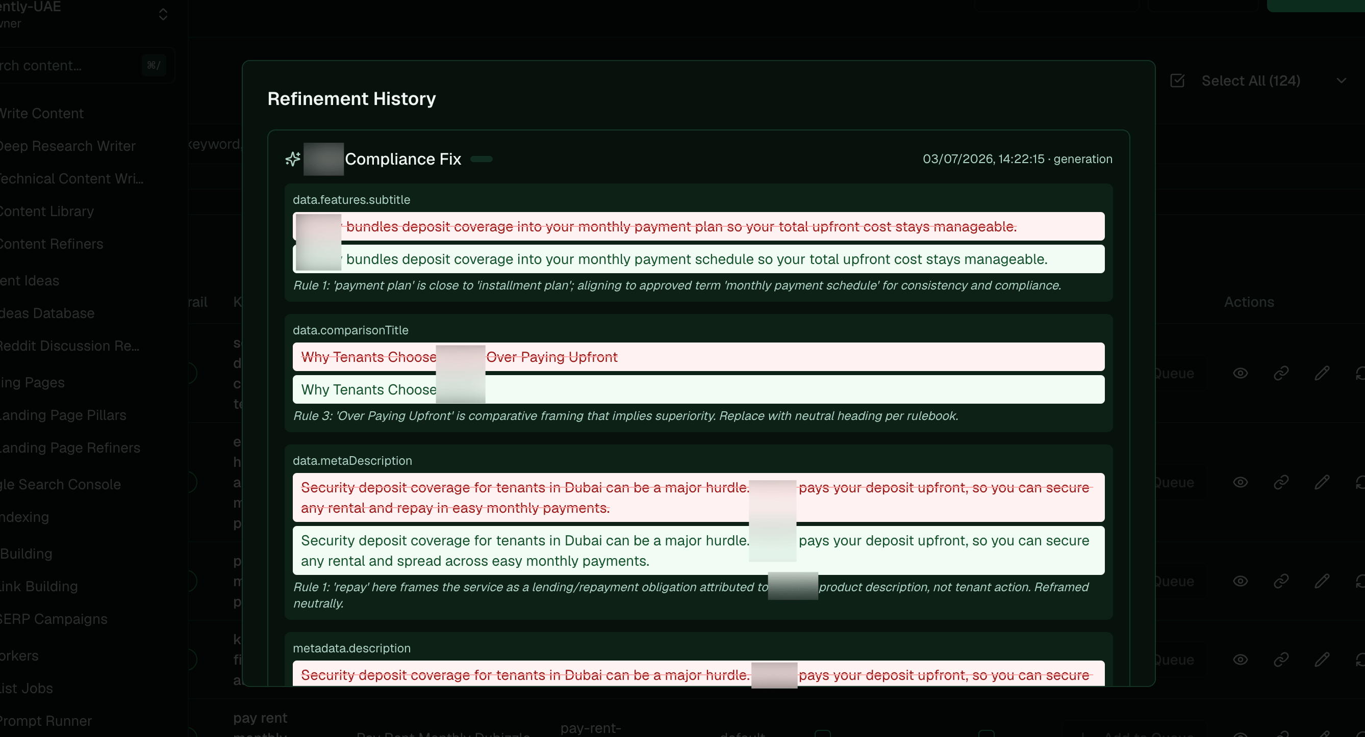 A Refinement History panel showing a Compliance Fix run: field-by-field before/after edits, each annotated with the rule it aligns the copy to.