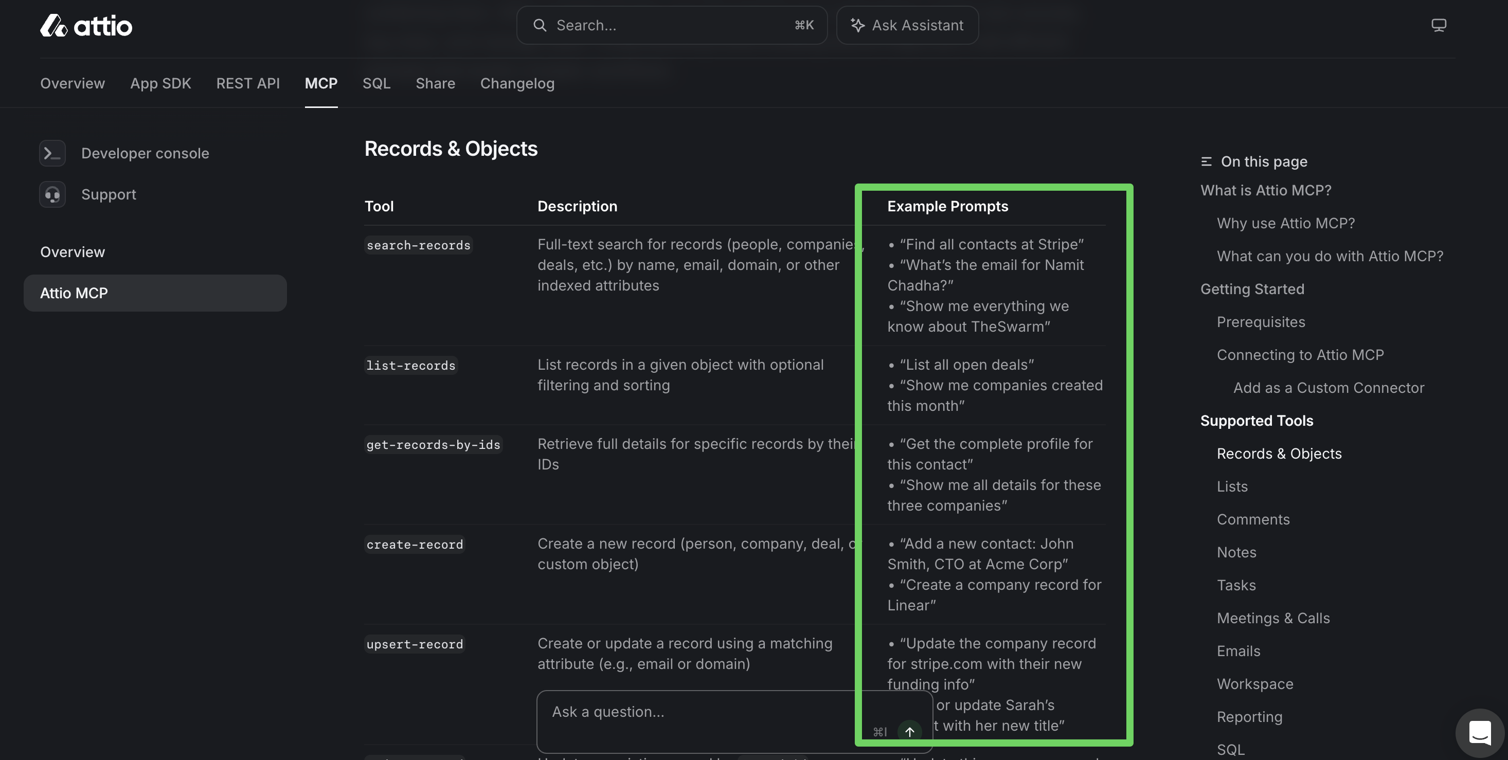 Attio MCP documentation showing a Supported tools table with record and object tools, plain-language descriptions, and example prompts such as finding a person or creating a company.