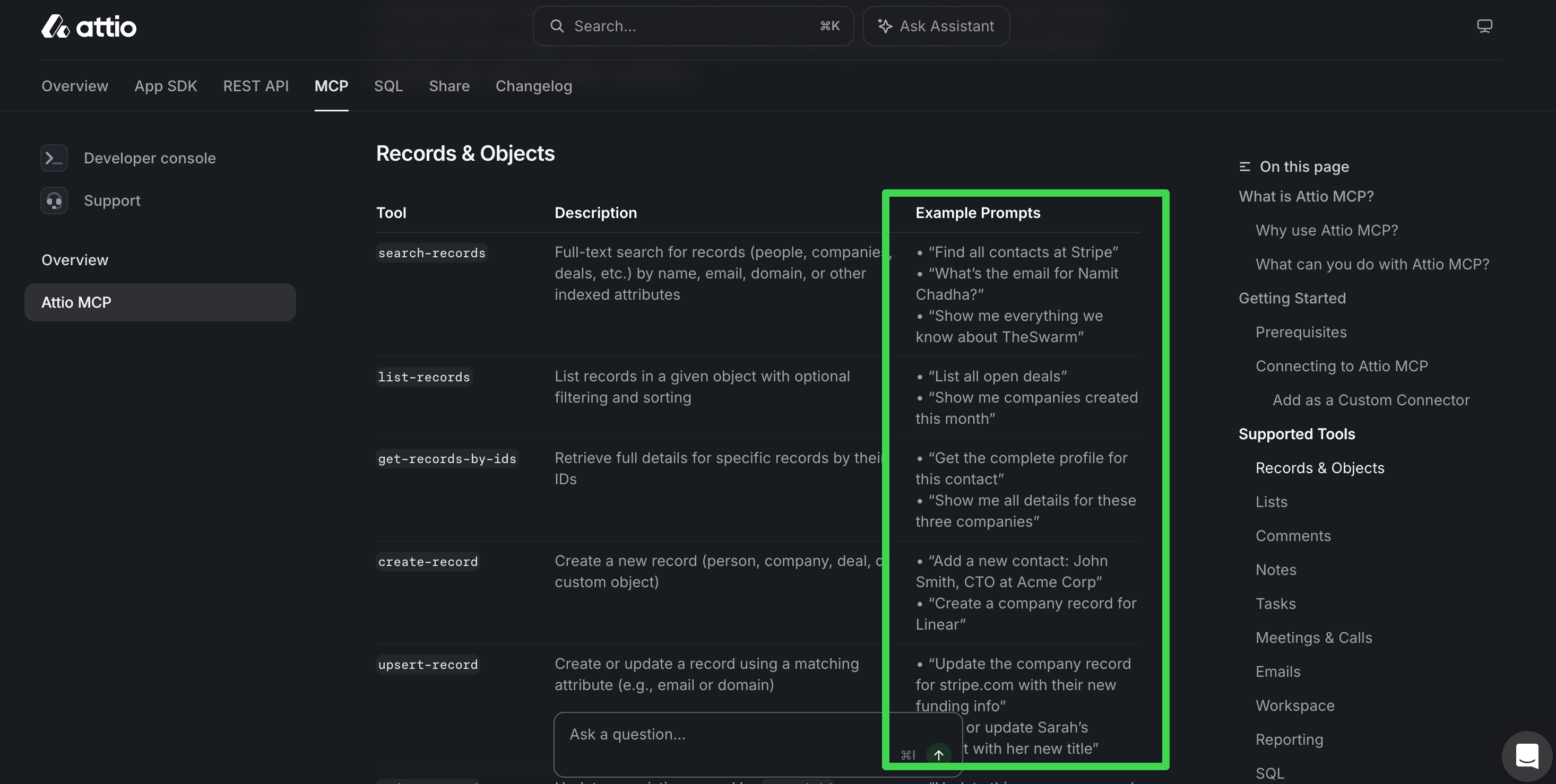 Attio MCP documentation showing a Supported tools table with record and object tools, plain-language descriptions, and example prompts such as finding a person or creating a company.