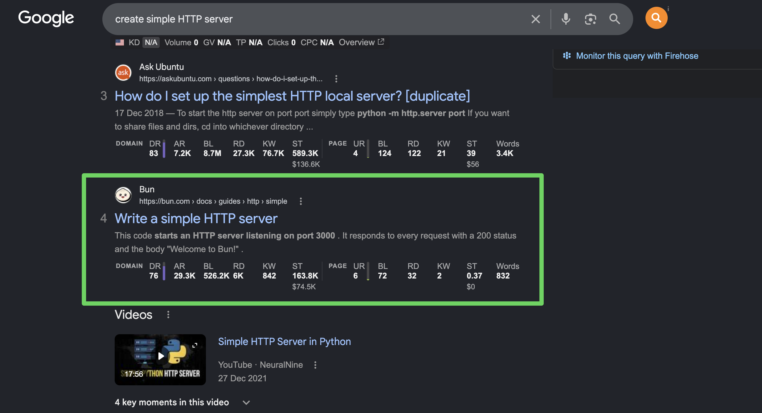 Google search results for create simple HTTP server, with Bun's Write a simple HTTP server documentation page shown as the fourth result.