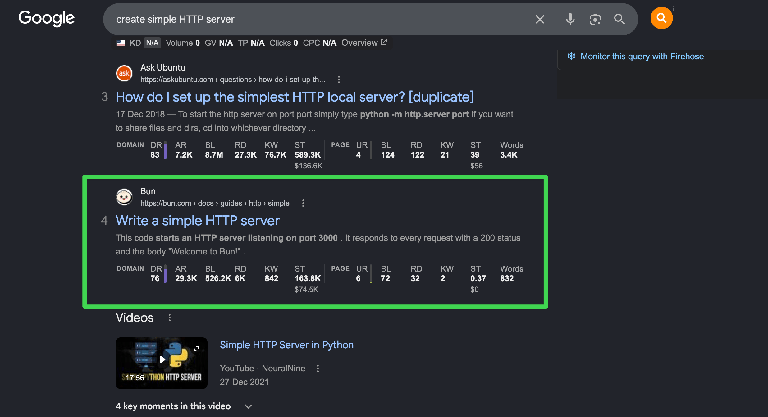 Google search results for create simple HTTP server, with Bun's Write a simple HTTP server documentation page shown as the fourth result.