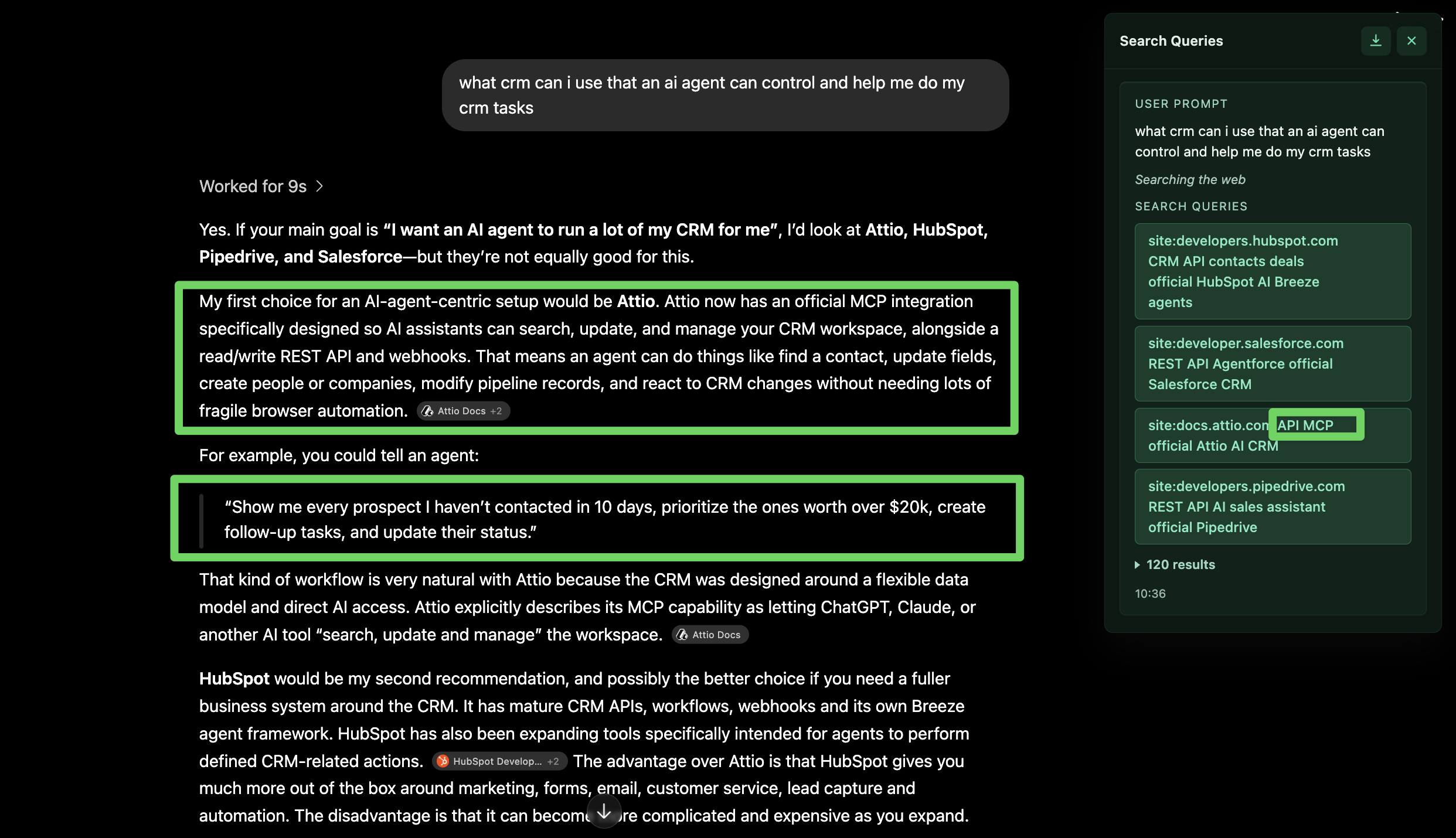 ChatGPT response to a question about a CRM an AI agent can control. The answer recommends Attio first, explains its official MCP integration, and shows an Attio Docs citation.