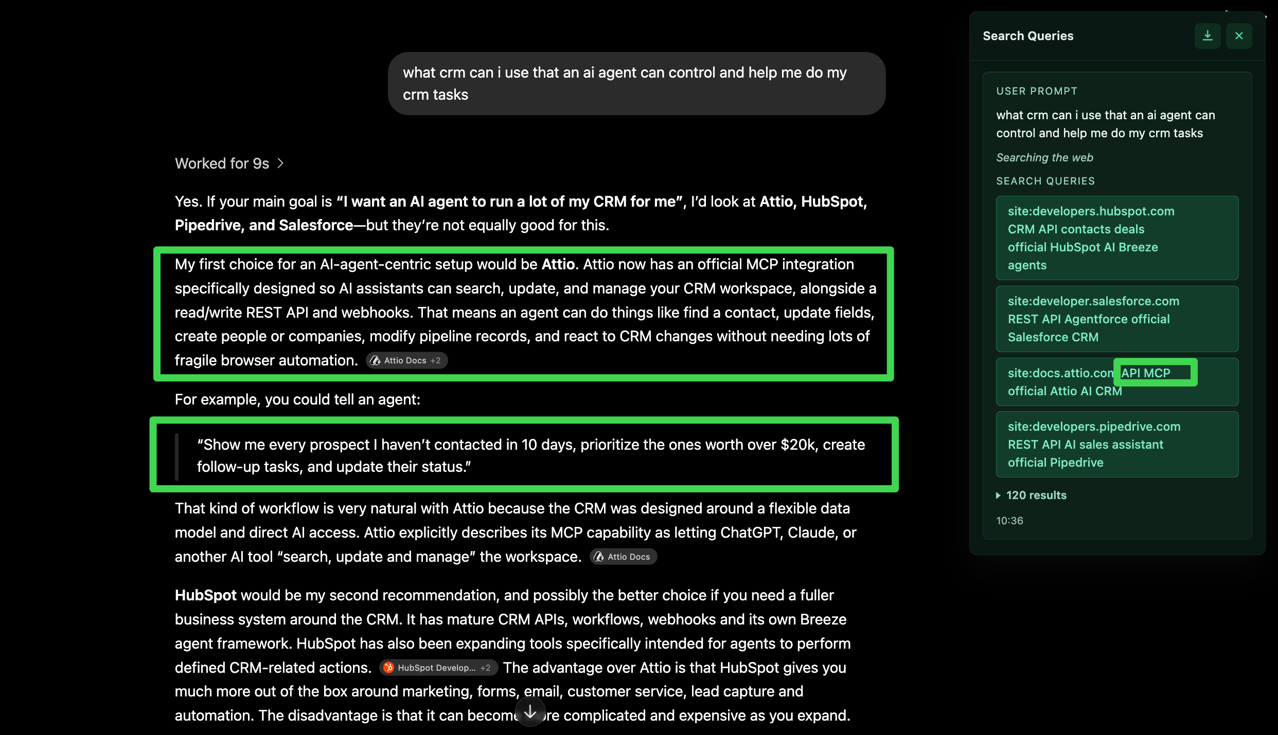 ChatGPT response to a question about a CRM an AI agent can control. The answer recommends Attio first, explains its official MCP integration, and shows an Attio Docs citation.