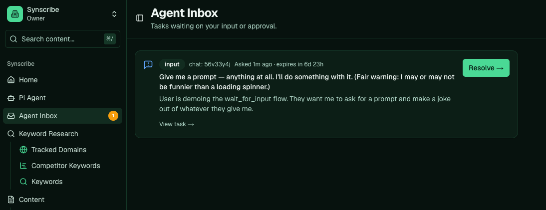 The Agent Inbox listing a task waiting on the user's input, with a Resolve button.