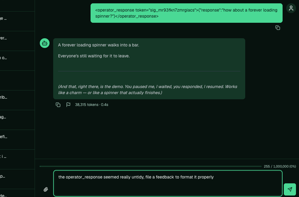 The Pi chat composer with a message asking Pi to file a feedback report about an untidy response.