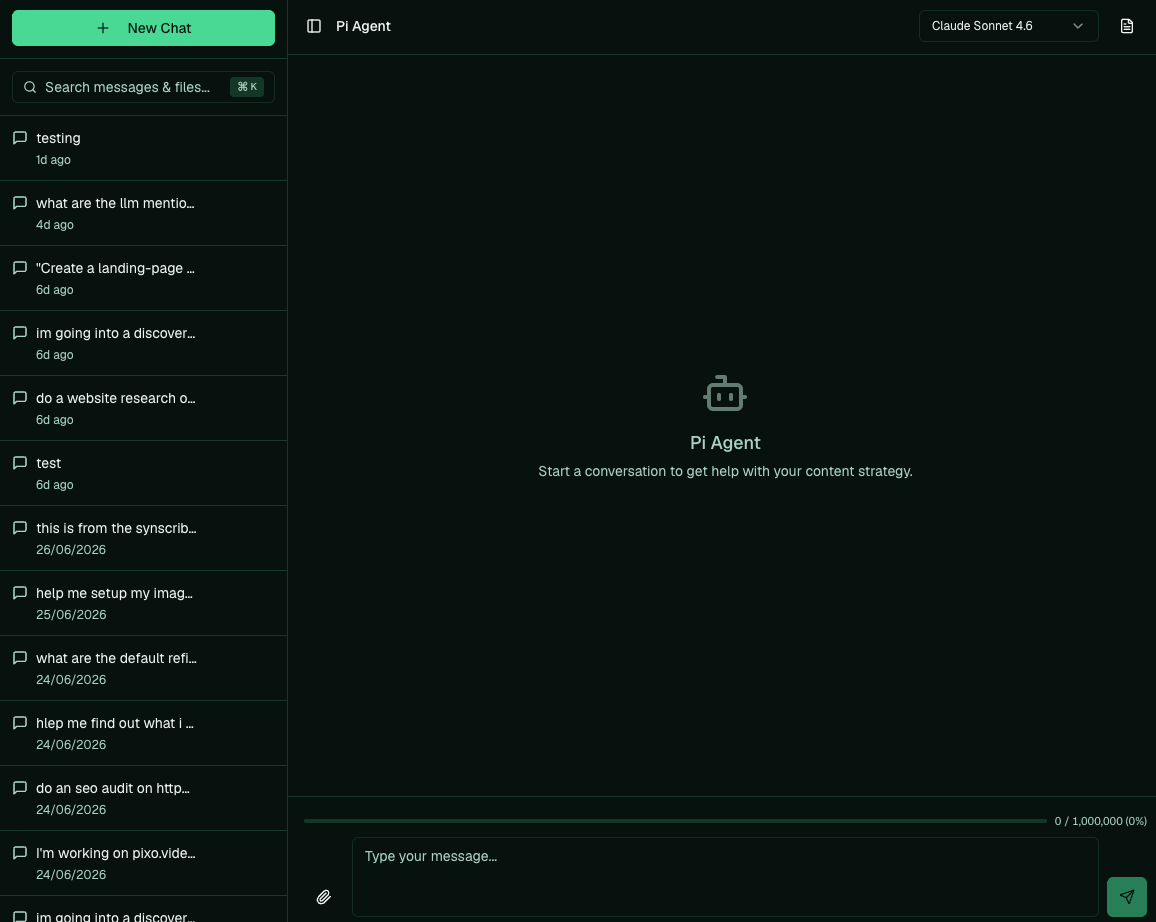 The Pi Agent chat screen, with past conversations in the sidebar and a message box to brief Pi.