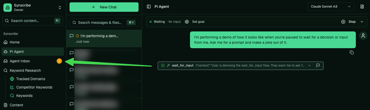 A Pi chat showing a Waiting-for-input status, with an arrow pointing at the Agent Inbox badge in the sidebar.