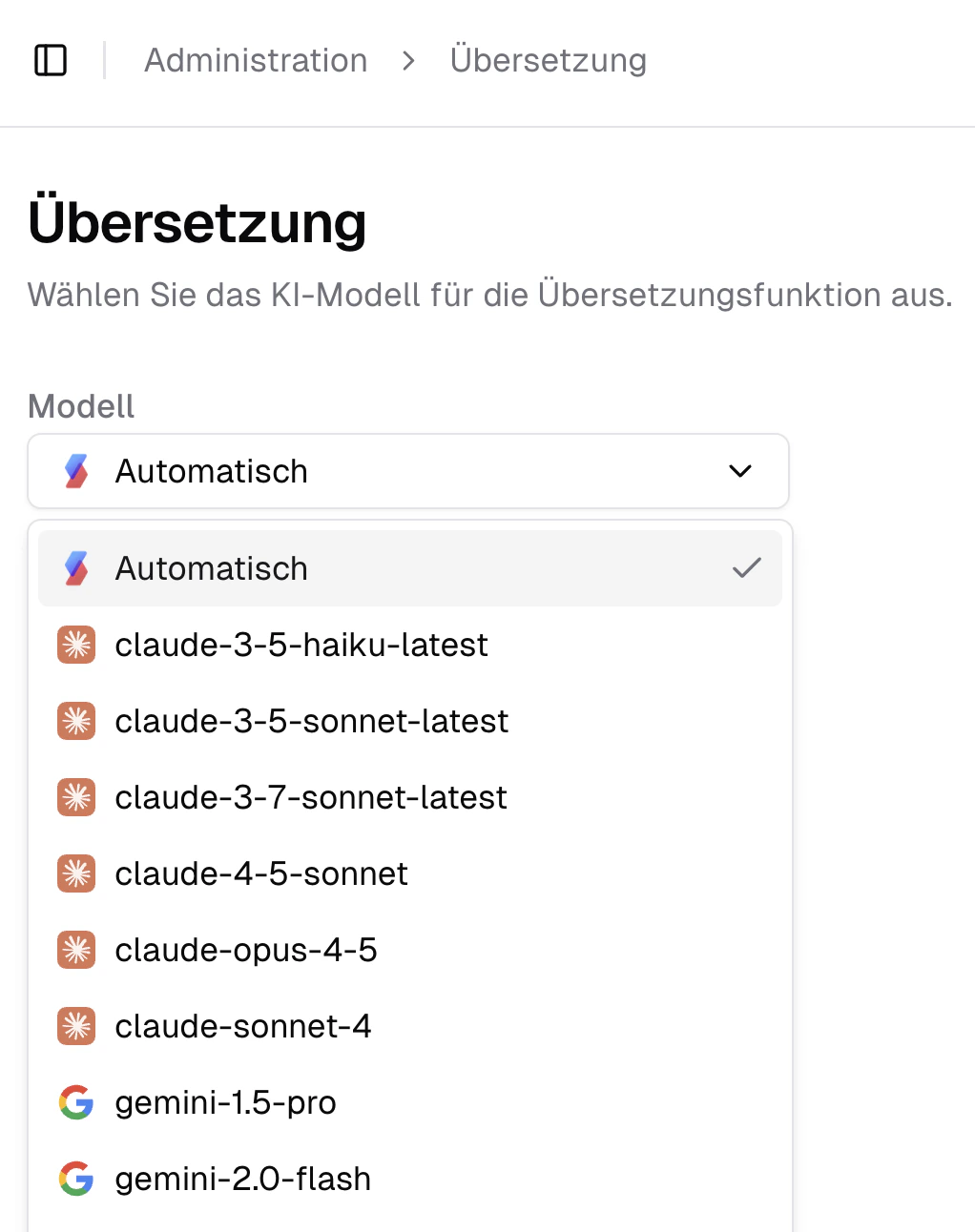 Zentrale Auswahl des KI-Models für Übersetzungen in der AI-Suite