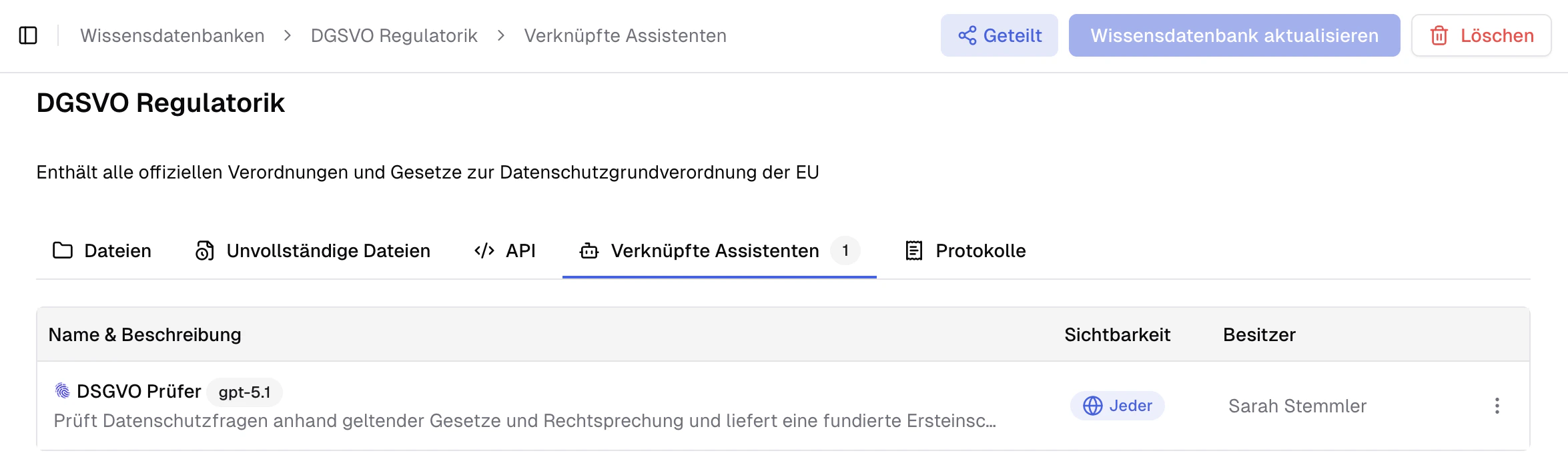 Assistentenverknüfung in Wissen angezeigt in der AI Suite v2.27.0