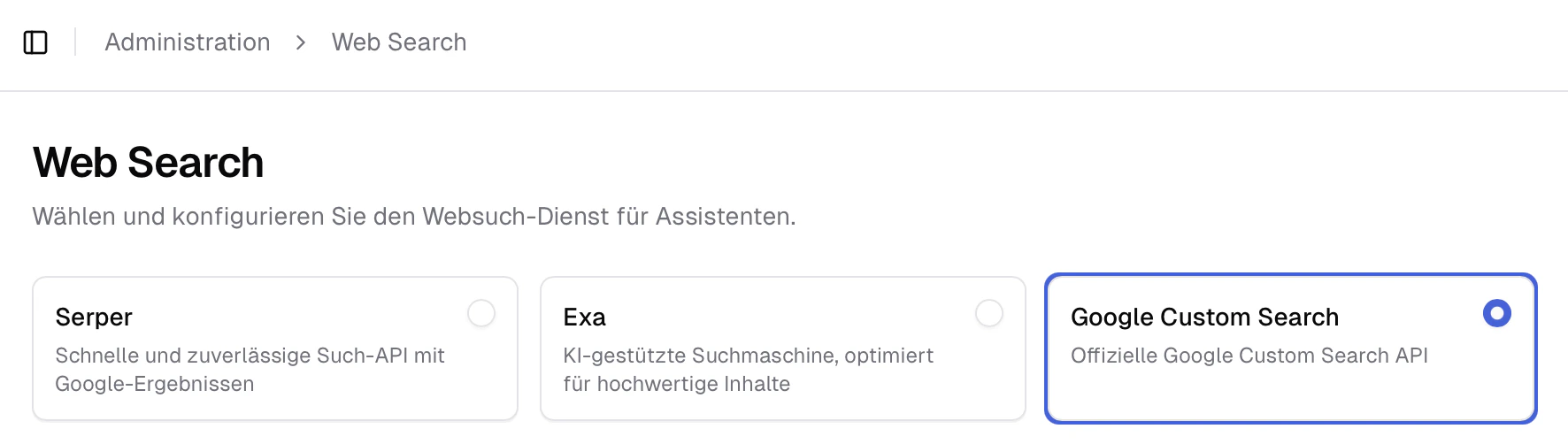 Übersicht der Websuche-Seite in den Systemeinstellungen