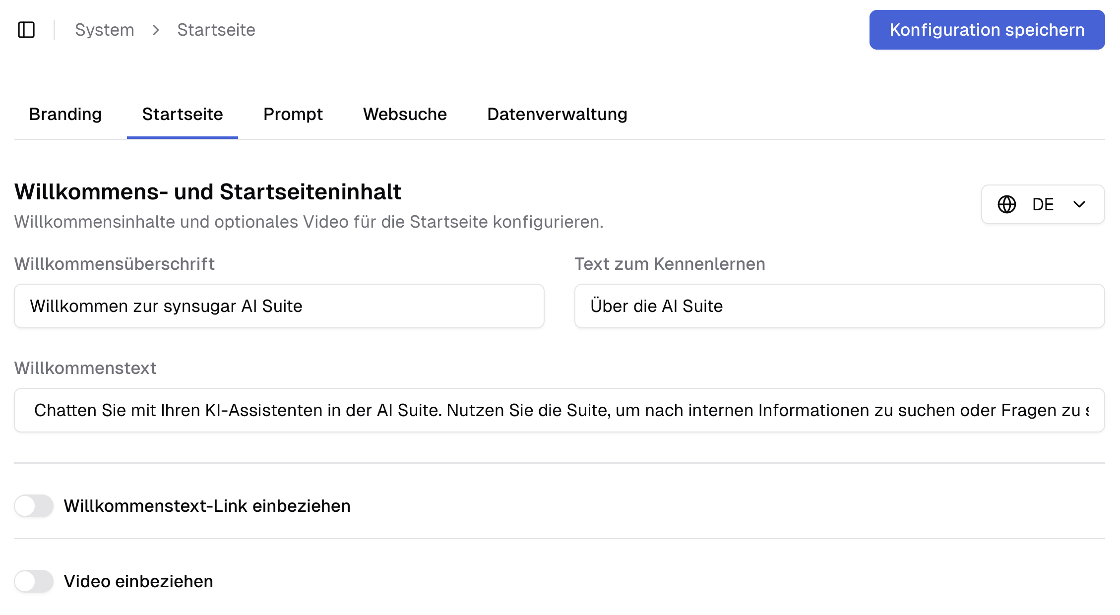 Übersicht der Startseite in den Systemeinstellungen