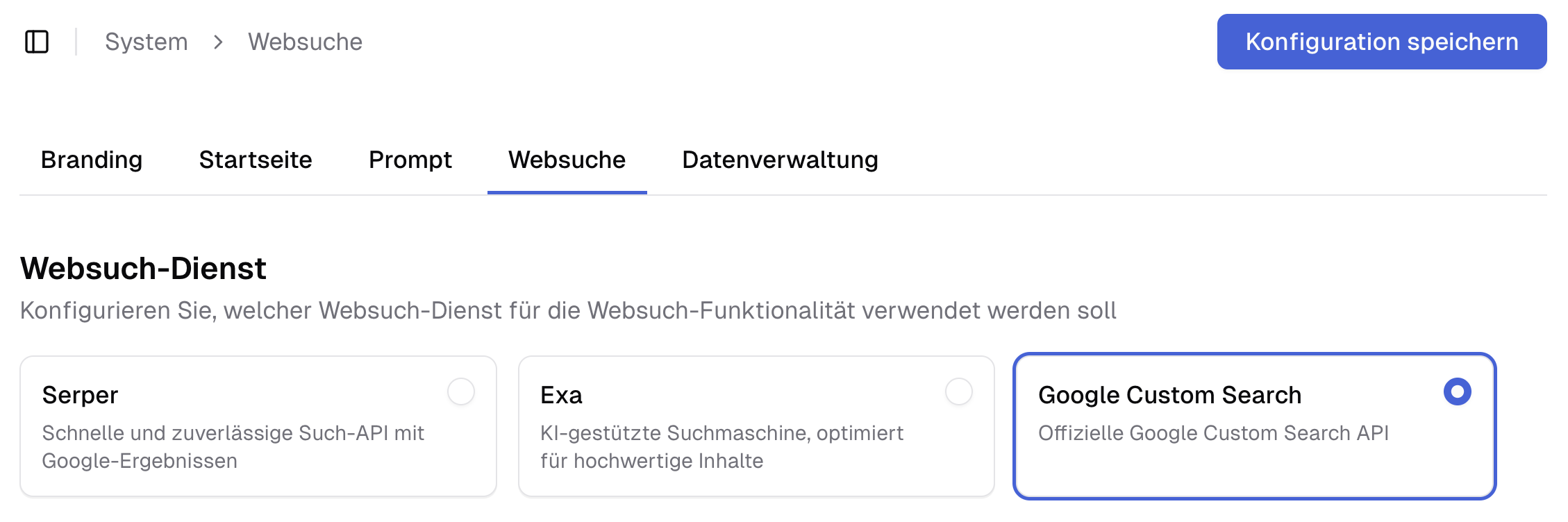 Übersicht der Websuche-Seite in den Systemeinstellungen