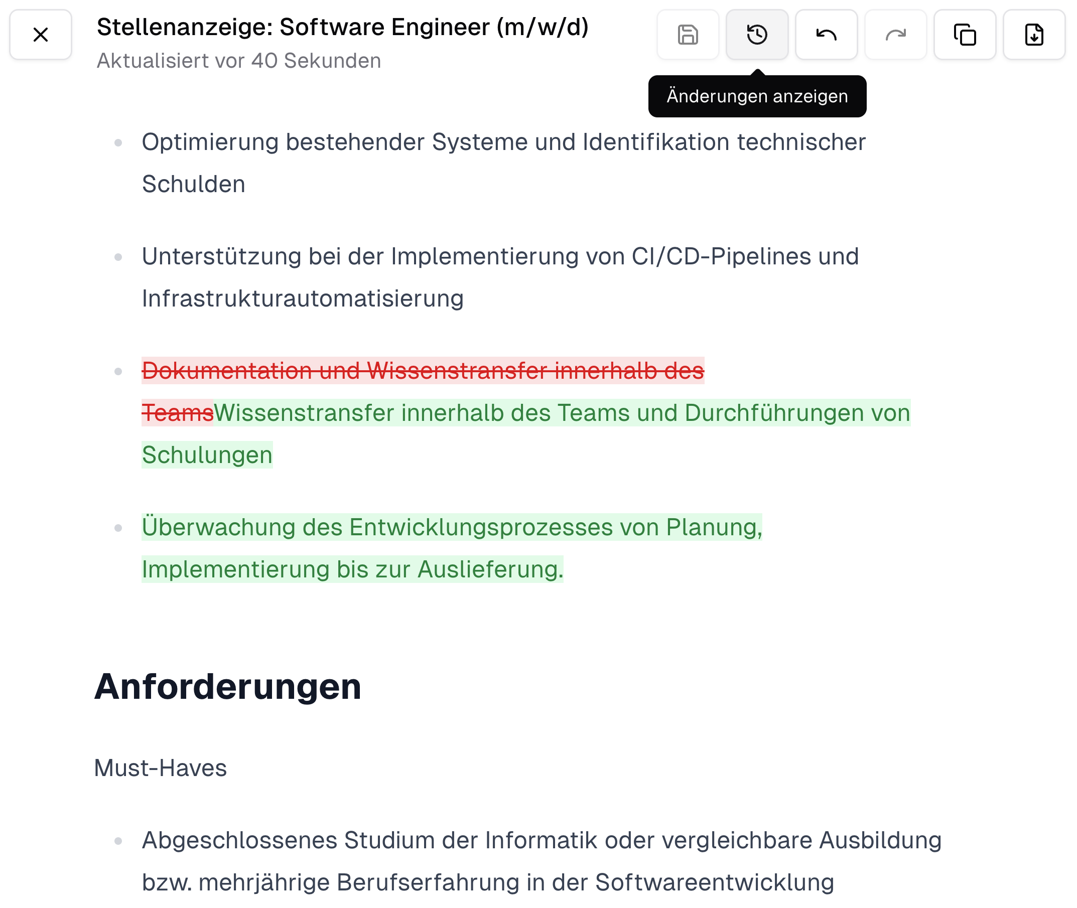 Geöffnetes Canvas mit farblicher Hervorhebung der Versionsänderungen.