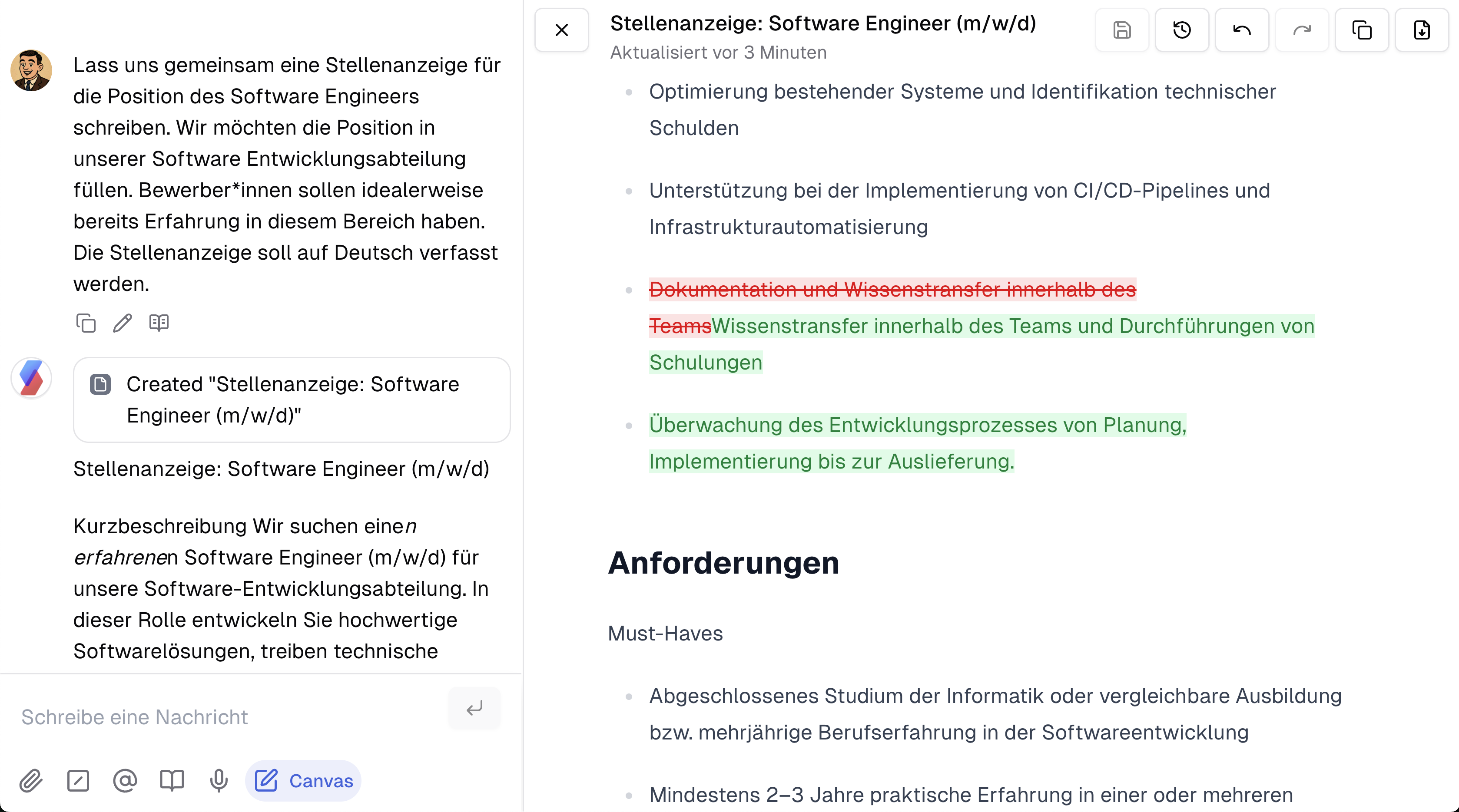 Chat mit geöffnetem Canvas und mit farblicher Hervorhebung der Versionsänderungen.