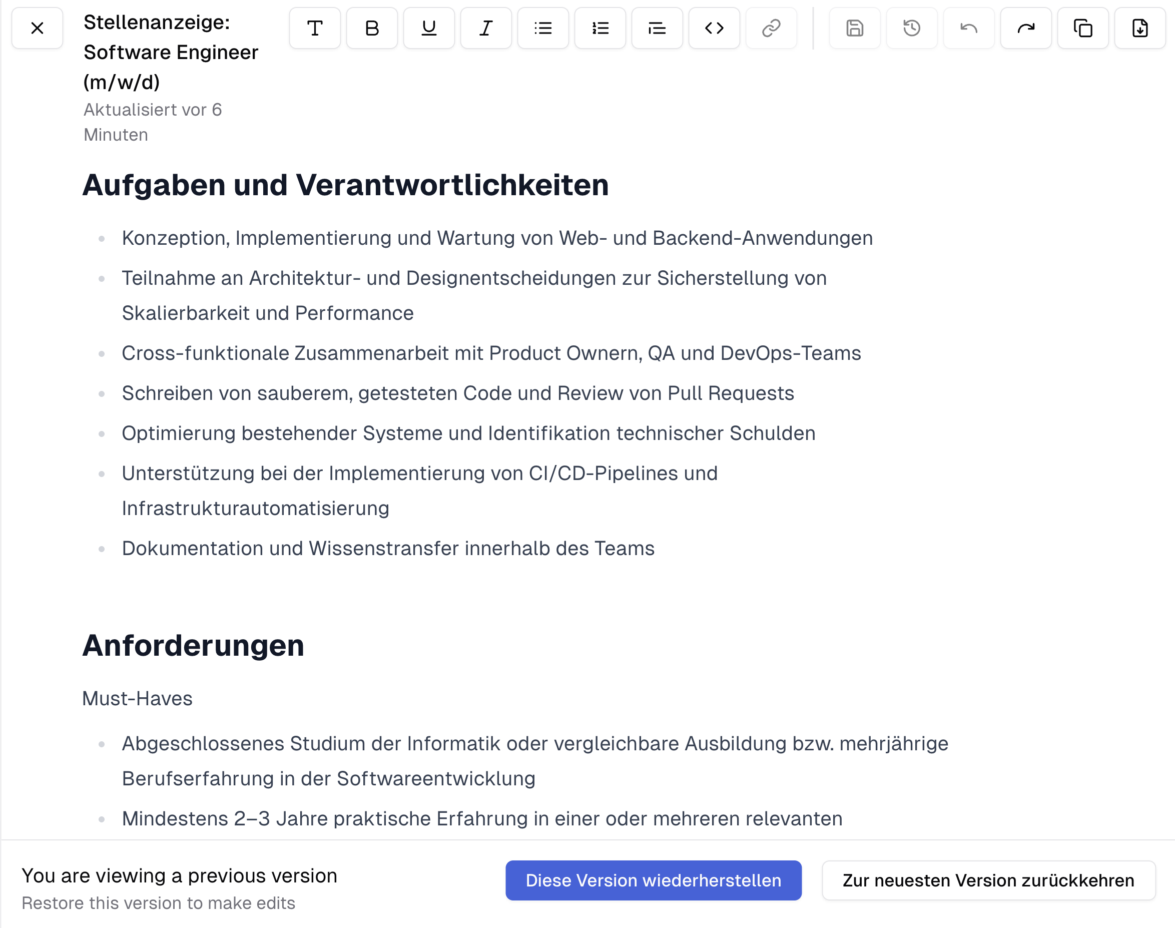 Chat mit geöffnetem Canvas und der Möglichkeit eine frühere Version wieder herzustellen.