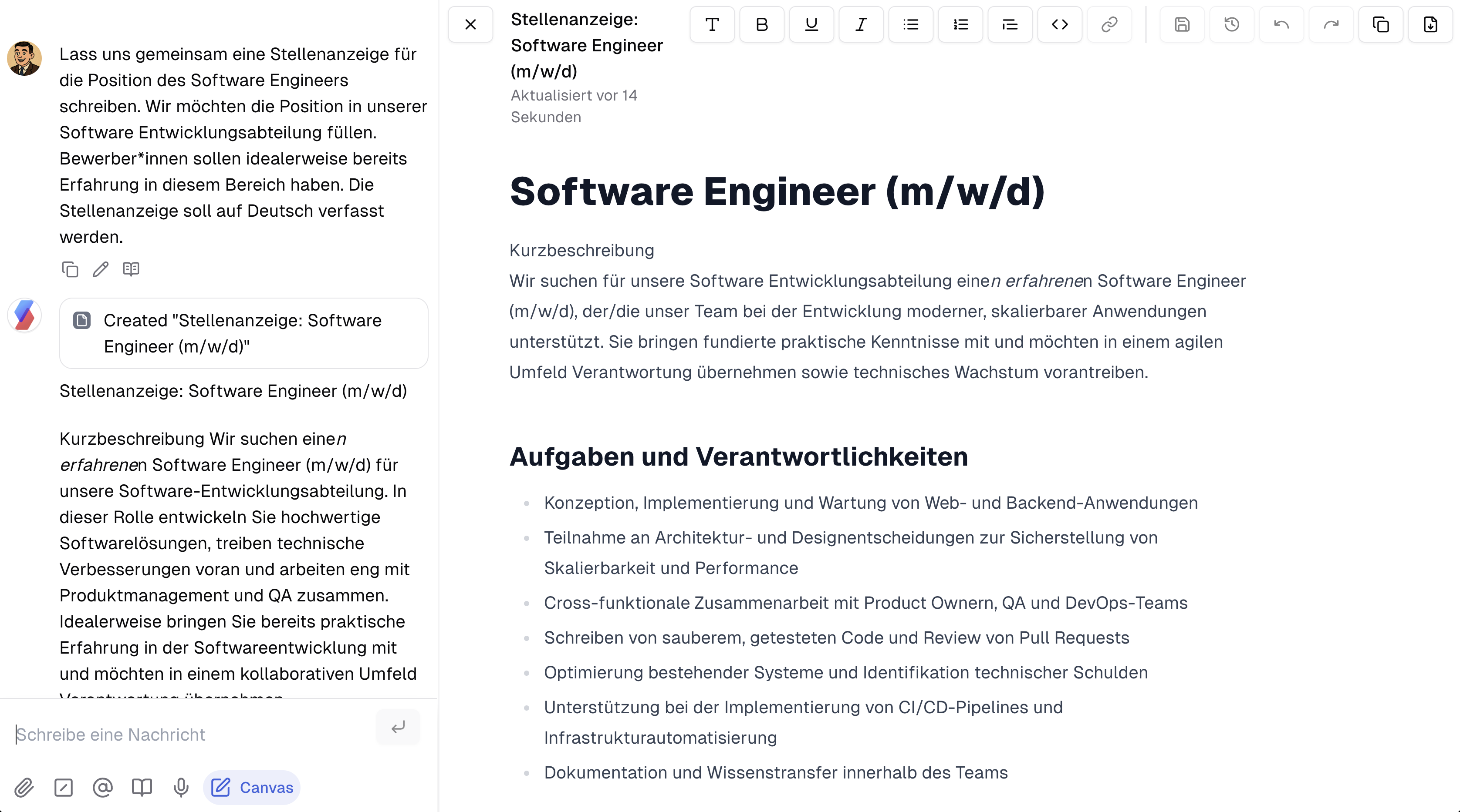 Chat mit geöffnetem Canvas Layout