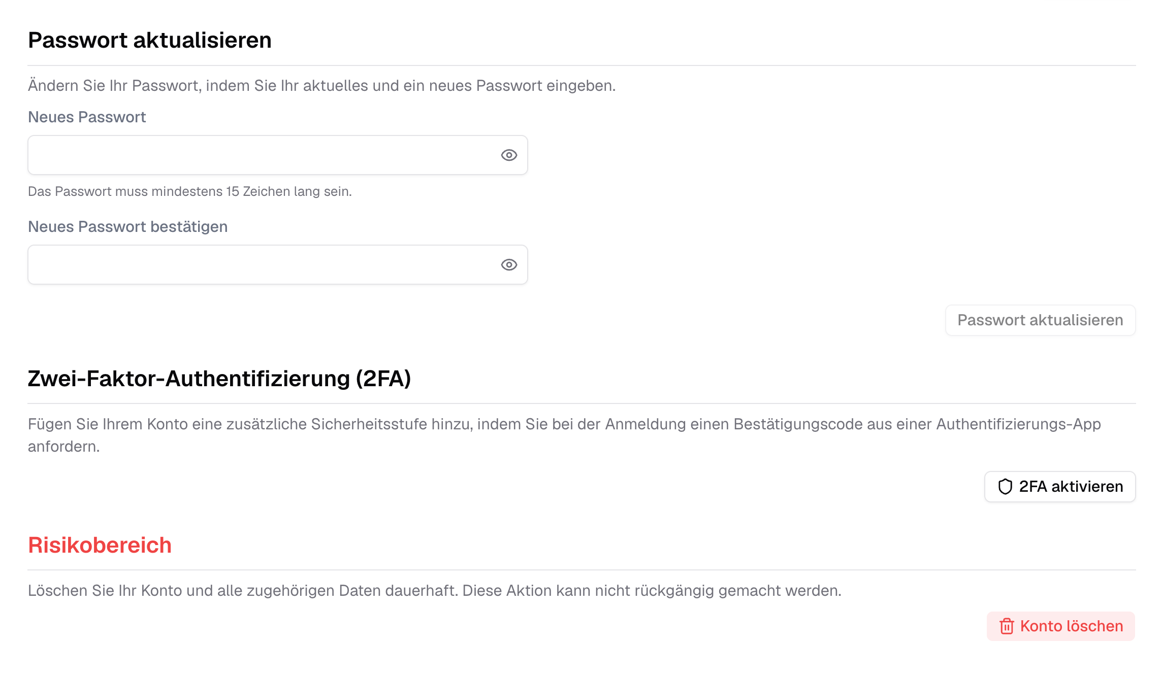 Passwort ändern oder F2A hinzufügen