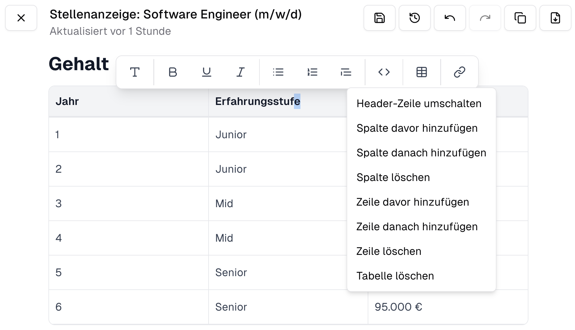 Geöffnetes Canvas mit Tabelle im Bearbeitungsmodus