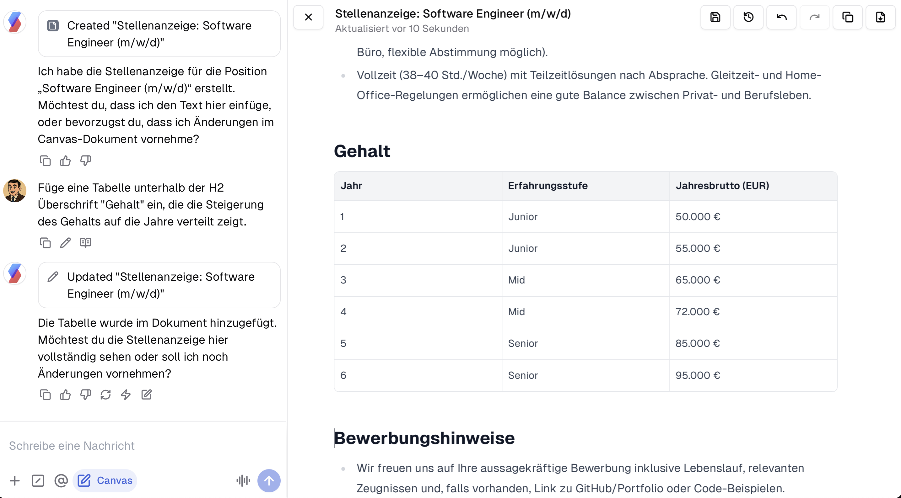 Chat mit geöffnetem Canvas im Bearbeitungsmodus
