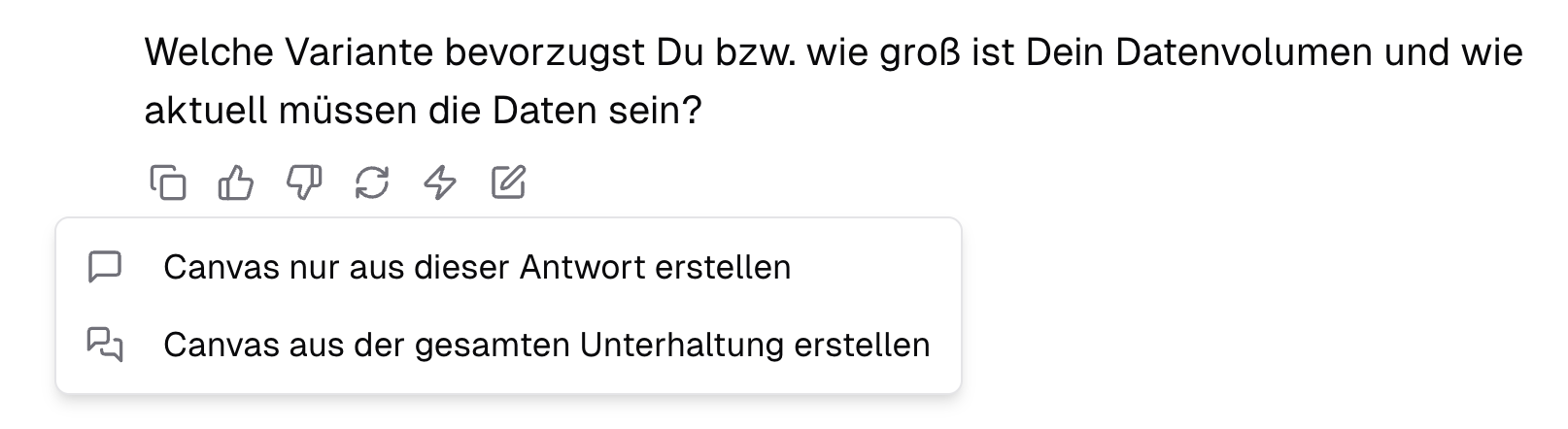 Aktivierung des Canvas Tools über das Canvas-Symbol unter eines KI-Outputs.