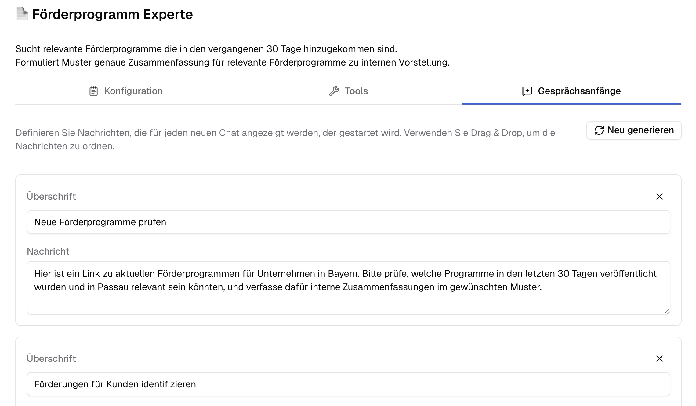 Gesprächsanfänge im Assistenten hinterlegen