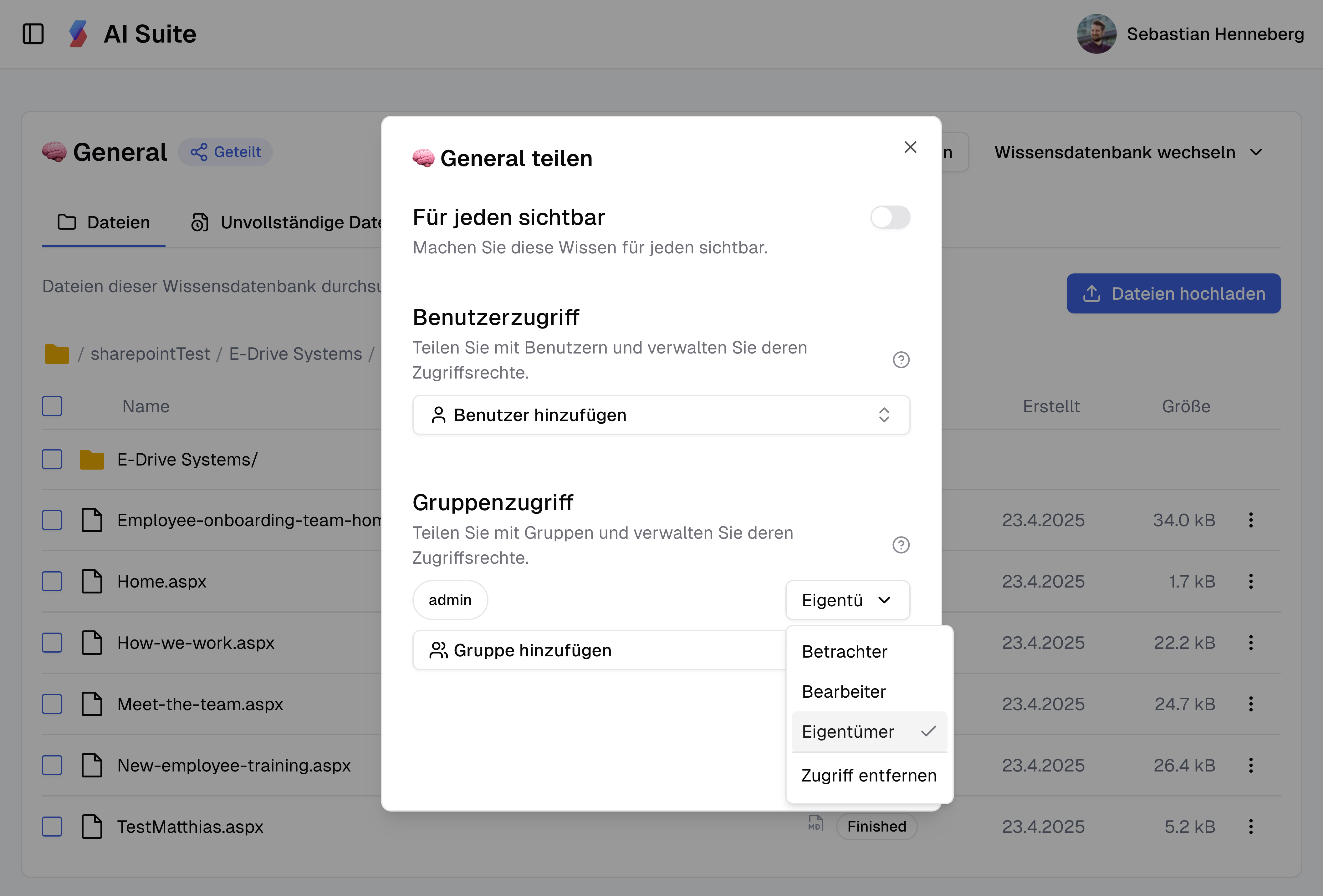Neue Zugriffsrechte für Wissensdatenbanken in der synsugar AI Suite v1.7.0