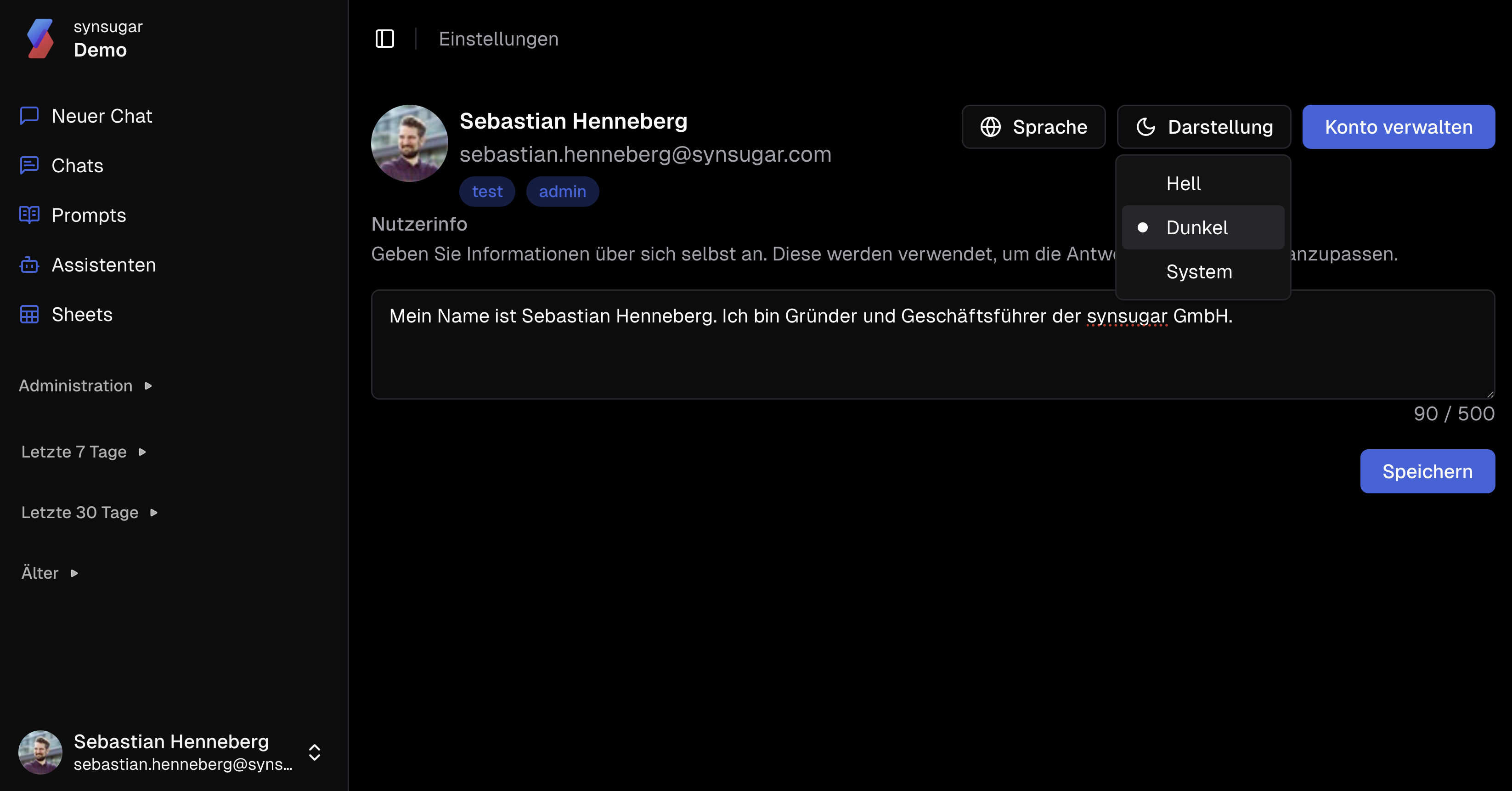 Neuer Dunkelmodus der synsugar AI Suite v2.0.0