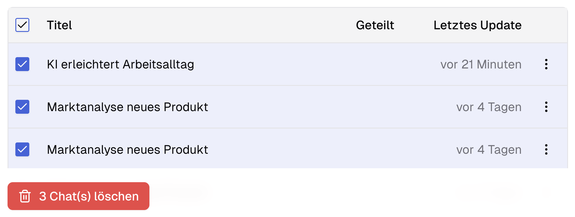 Mehrere Chats löschen.