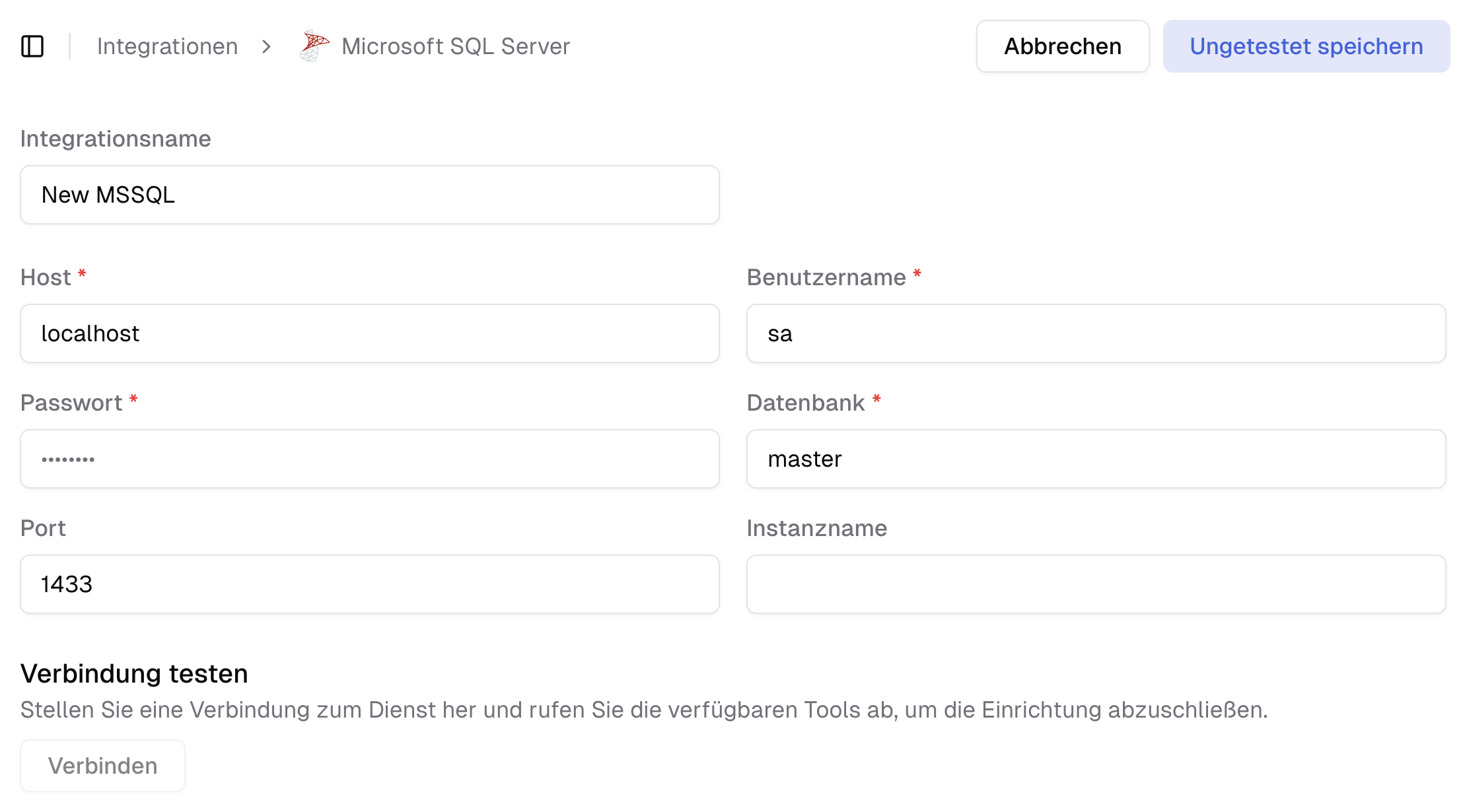Integration eines Microsoft SQL-Servers.