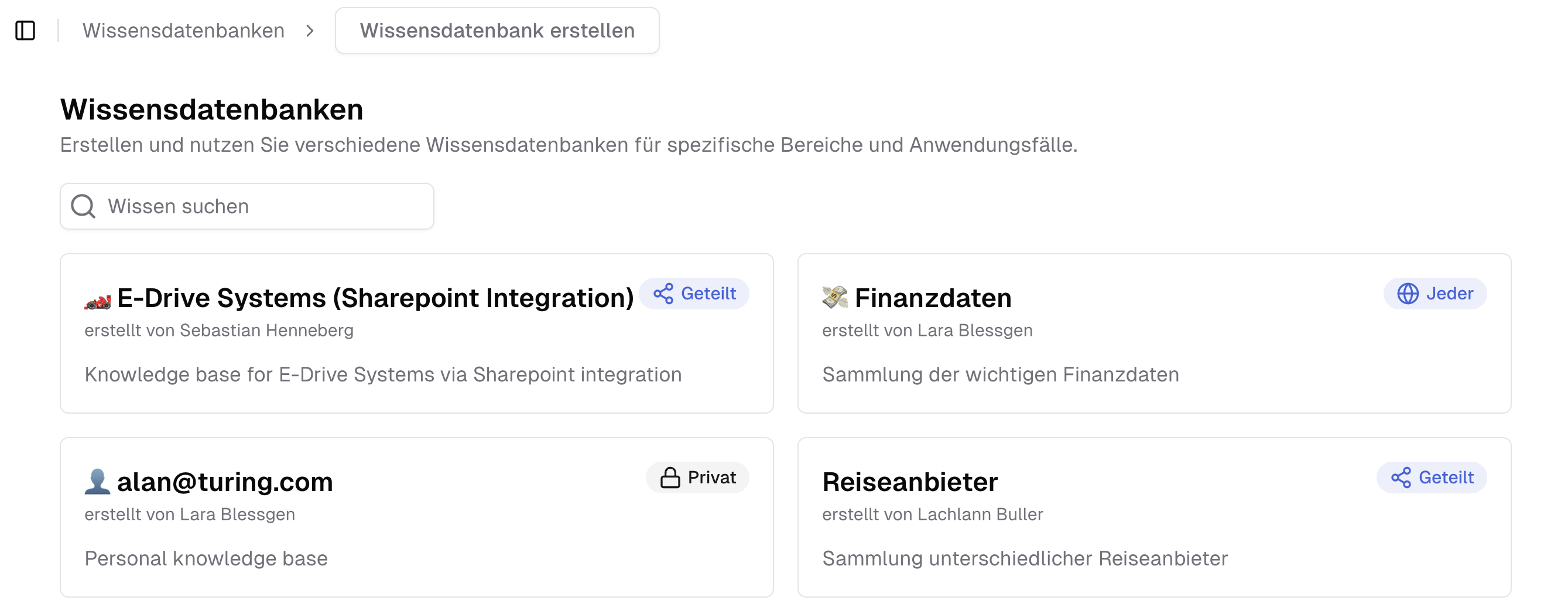 Wissensdatenbank Startbildschirm