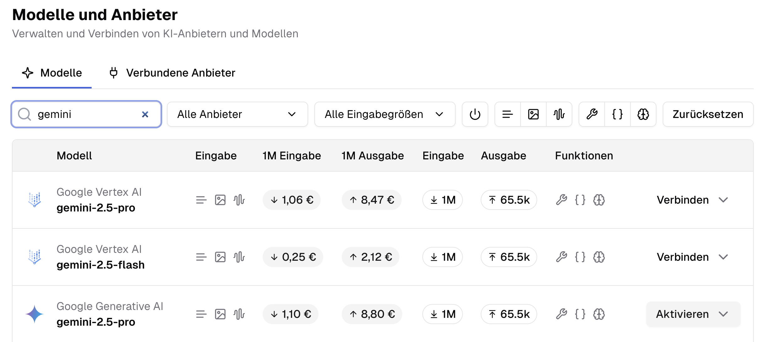 Filtern der verfügbaren Modelle.