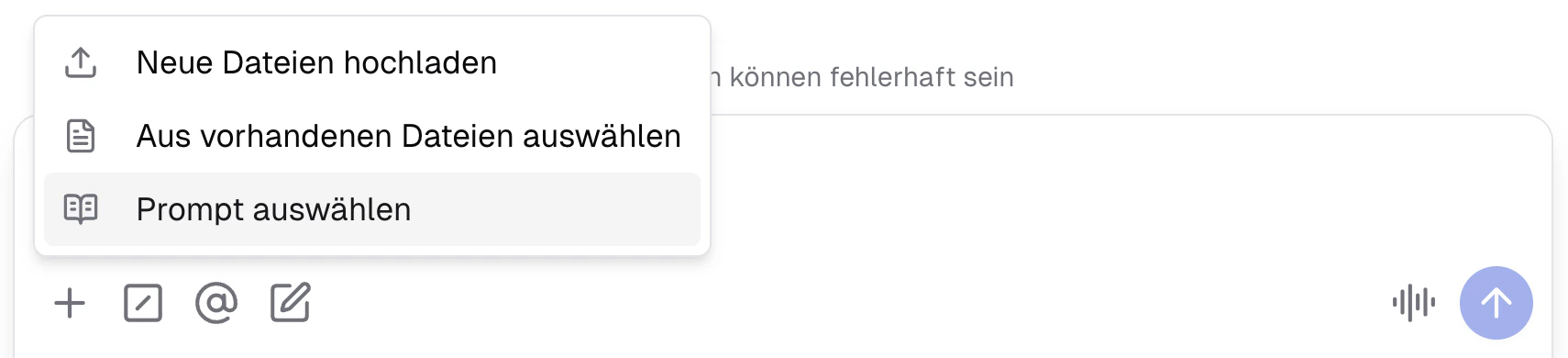 Übersicht der Promptauswahl im Prompt Eingabefeld
