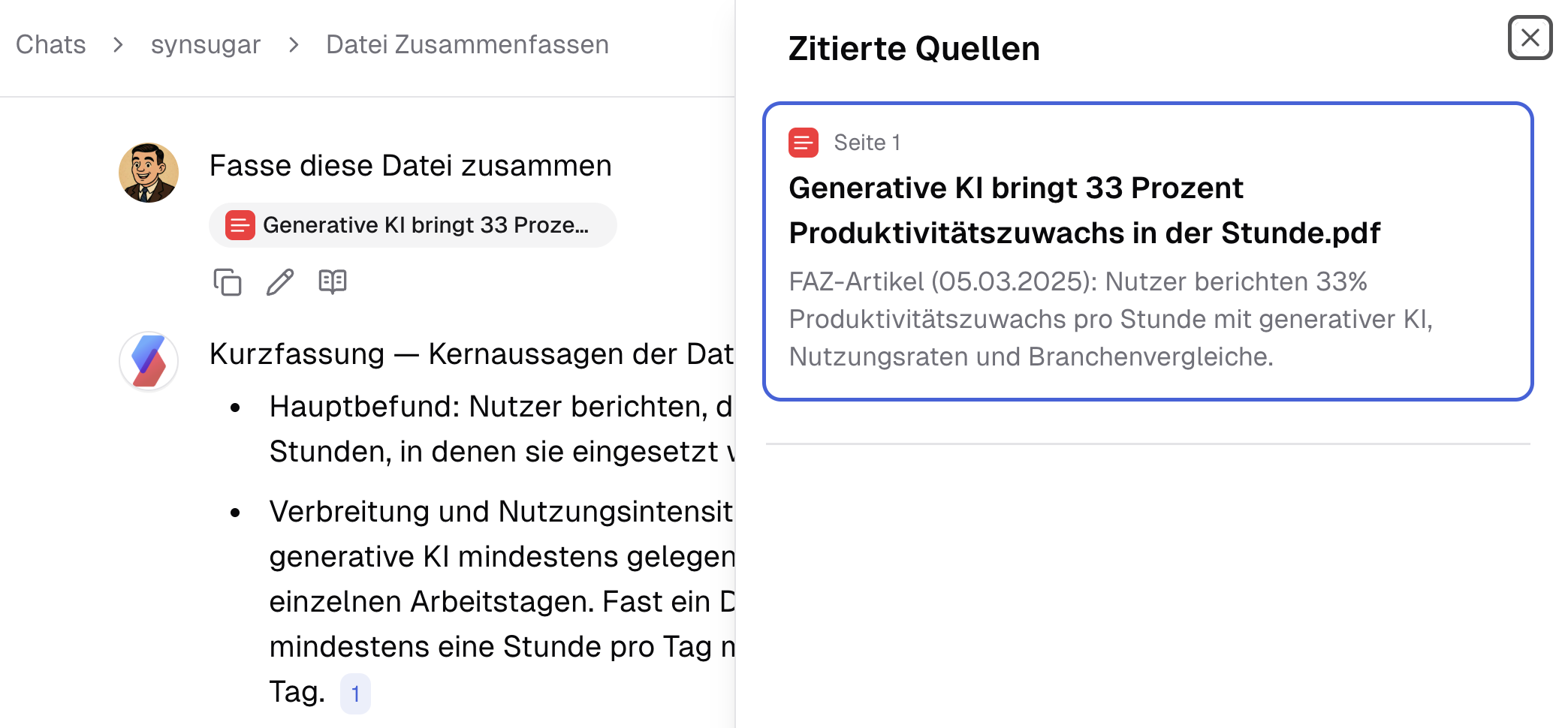 Zitation von im Chat hochgeladenen Dateien in der synsugar AI Suite v2.9.0
