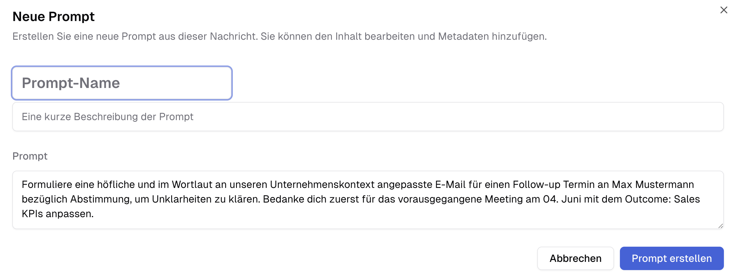 Neuen Prompt in der Prompt-Bibliothek abspeichern mit bereits befüllten Prompt-Feld aus dem Chat.