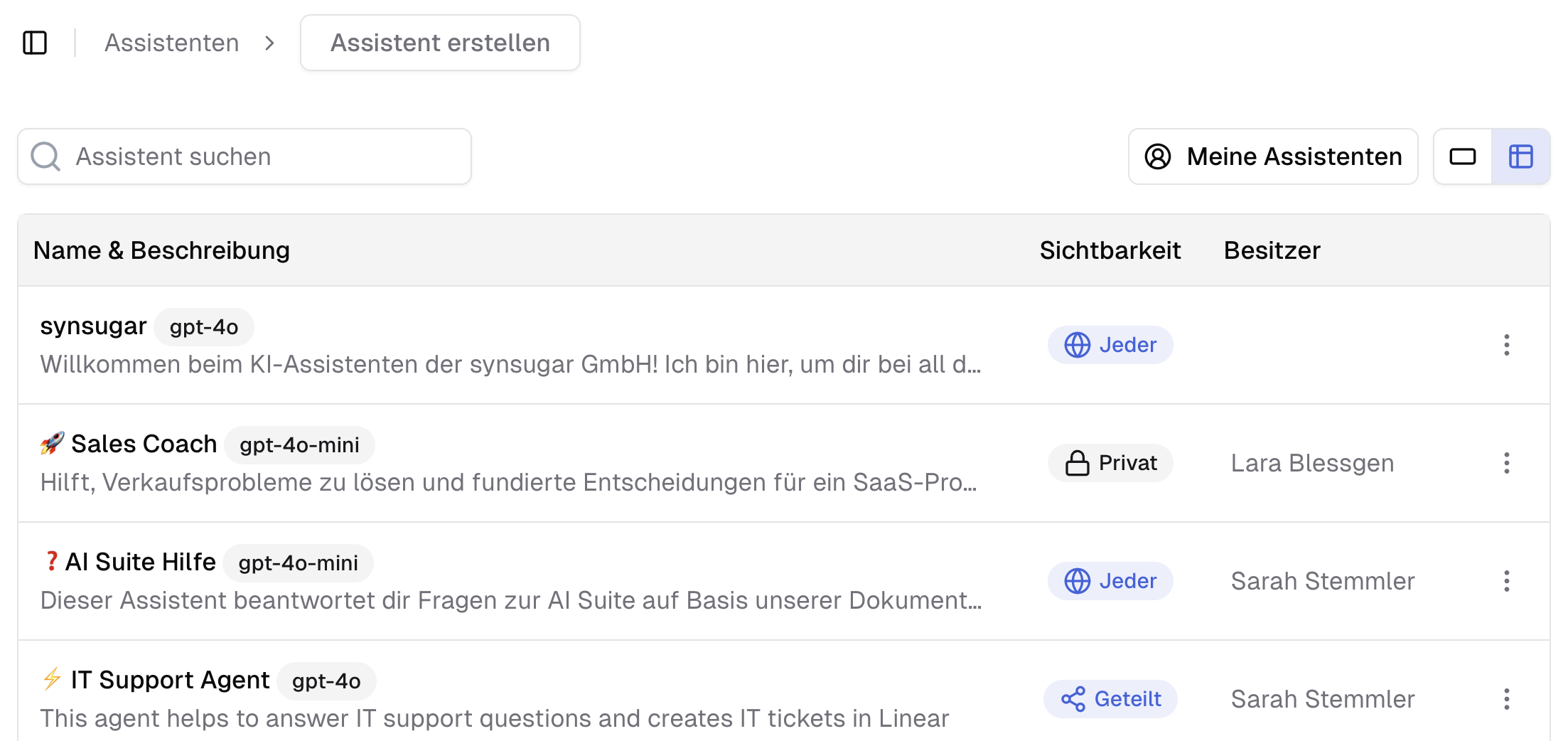 Ansicht der Assistenten anpassen