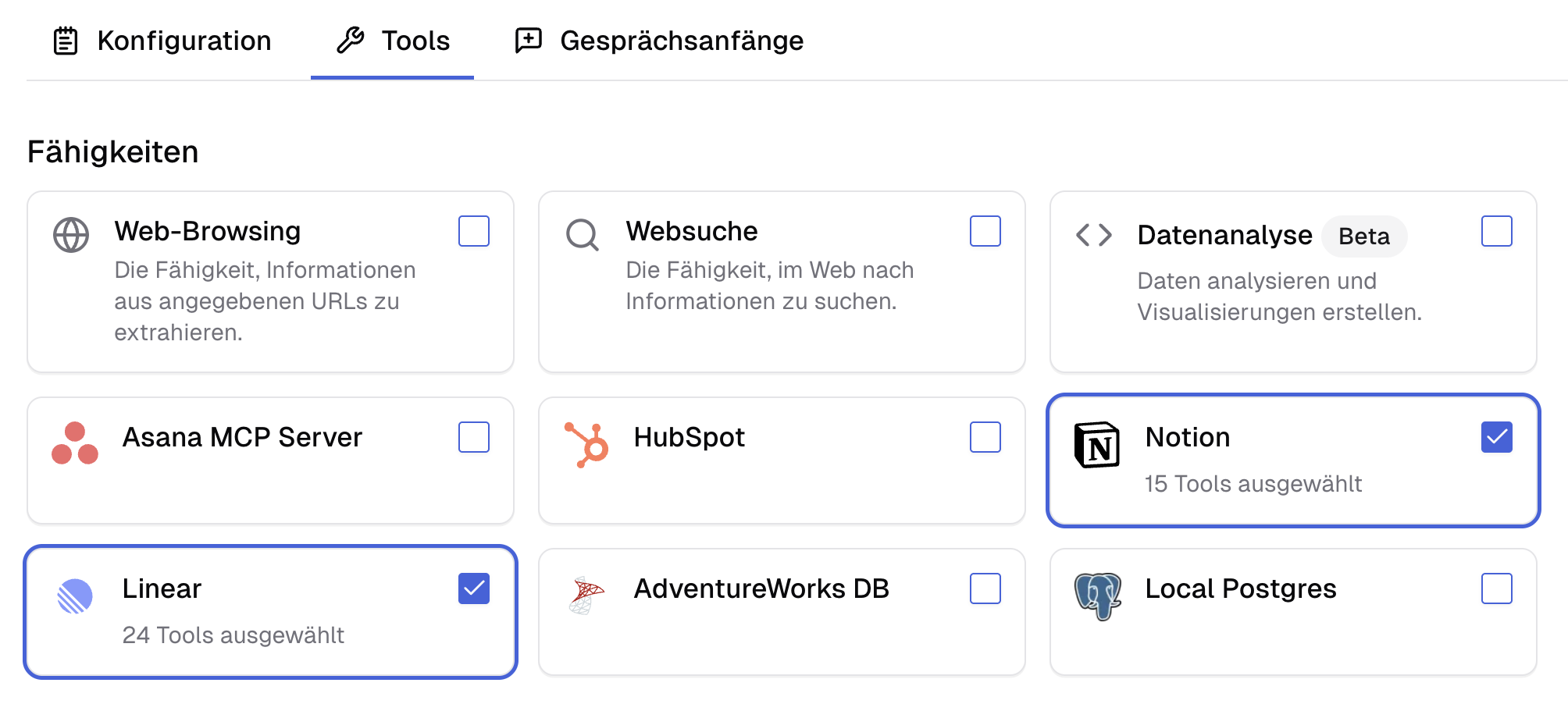 MCP-Anbindungen im Assistenten aktivieren