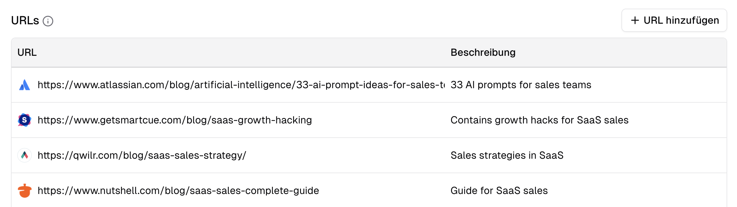 URLs für den Assistenten hinterlegen