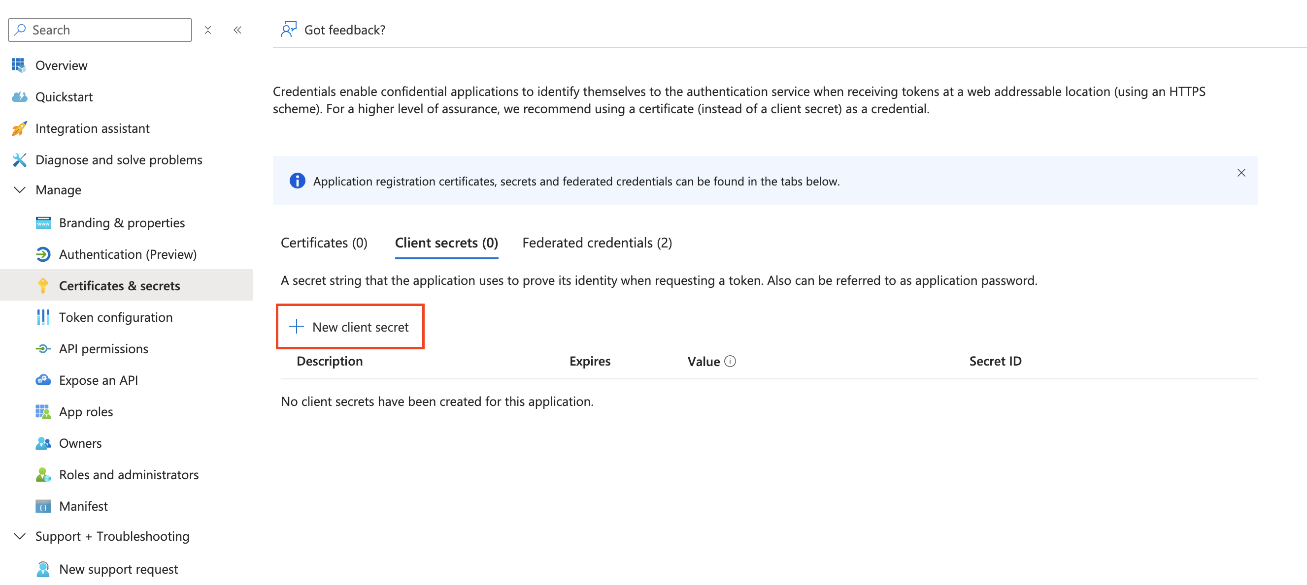 Neuen Client-Secret erzeugen.