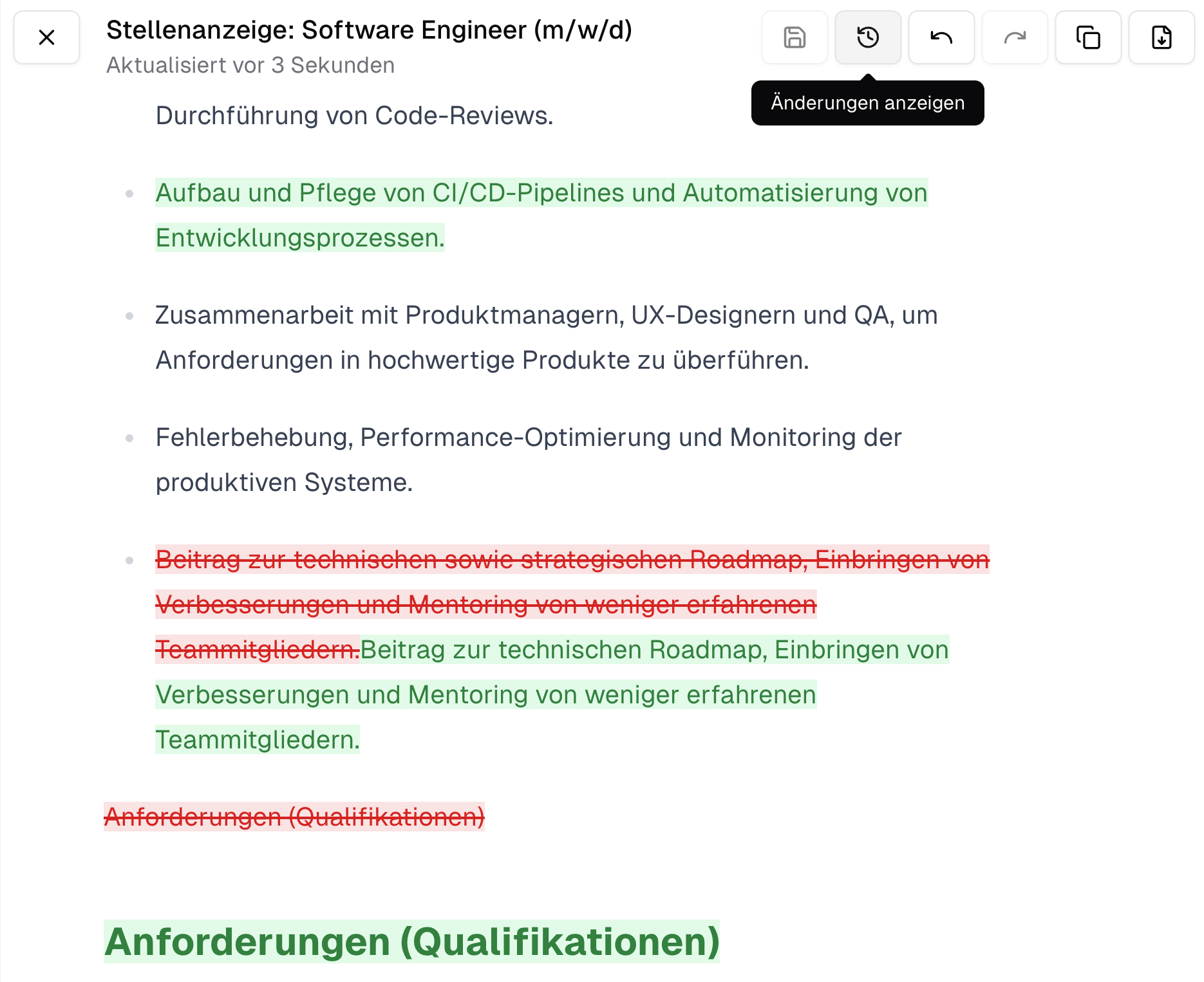 Geöffnetes Canvas mit farblicher Hervorhebung der Versionsänderungen.