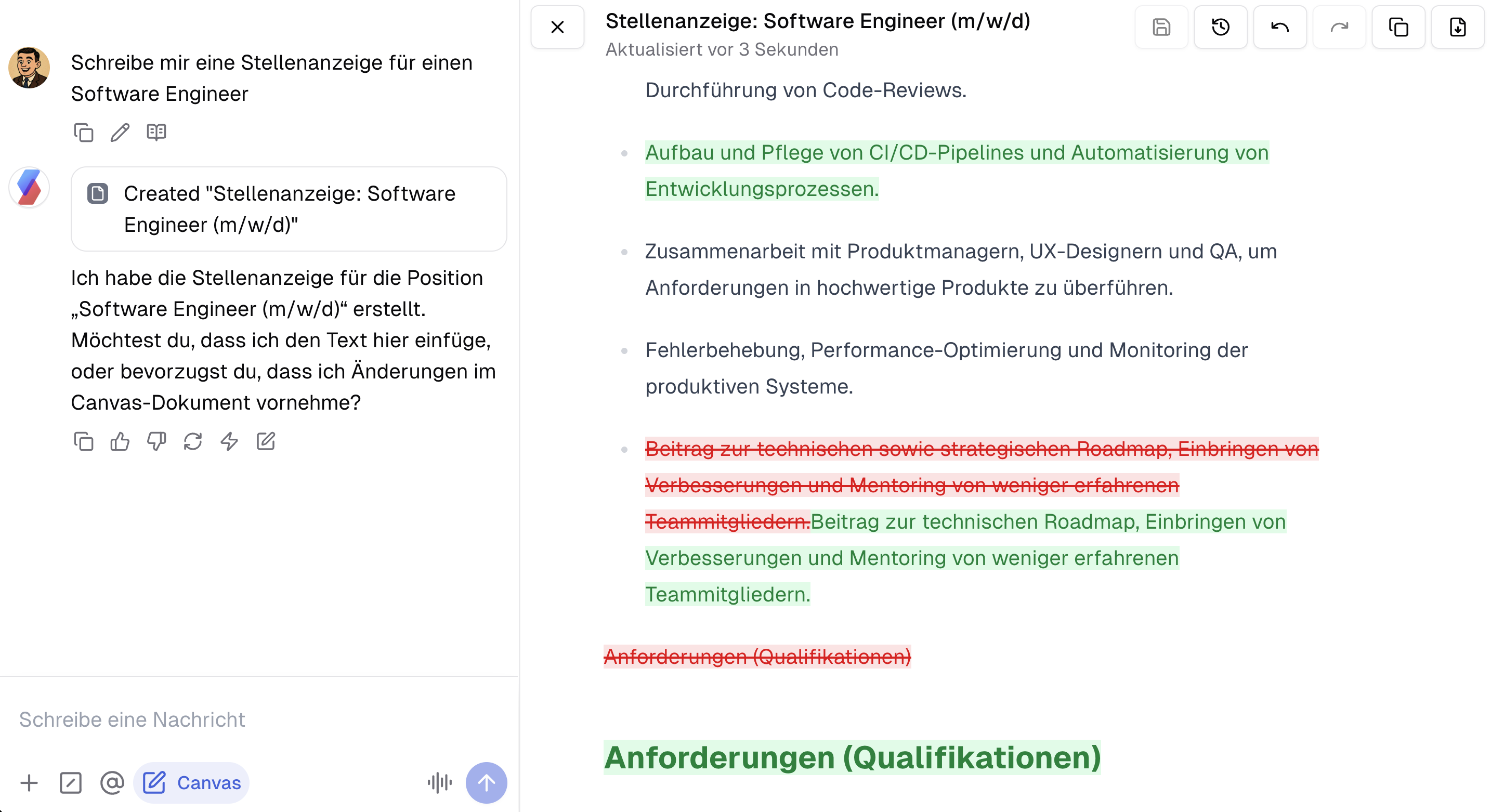 Chat mit geöffnetem Canvas und mit farblicher Hervorhebung der Versionsänderungen.